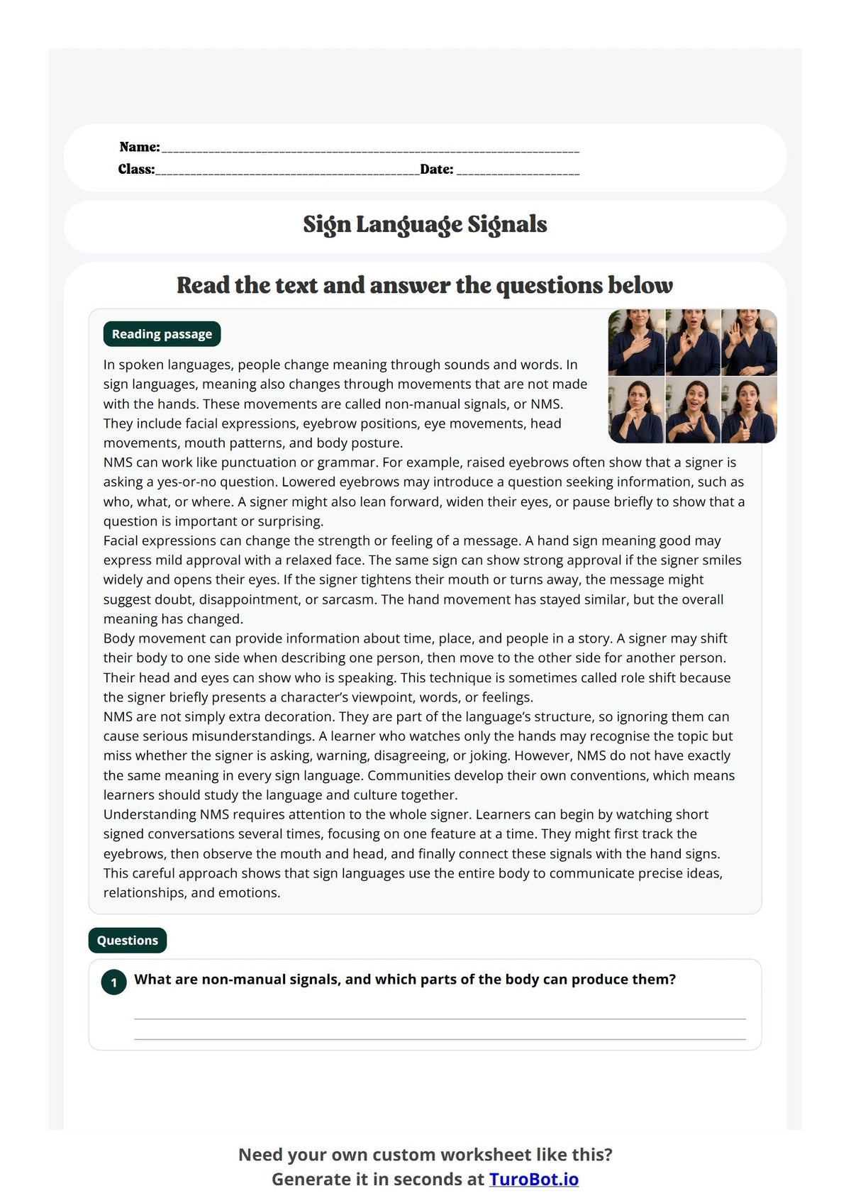 Free Year 9 Language Worksheet - Sign Language Signals preview