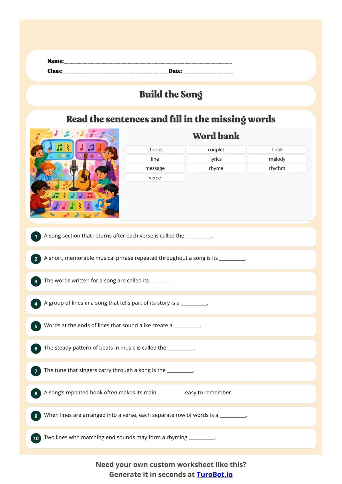 Free Year 6 Music Worksheet - Build the Song preview
