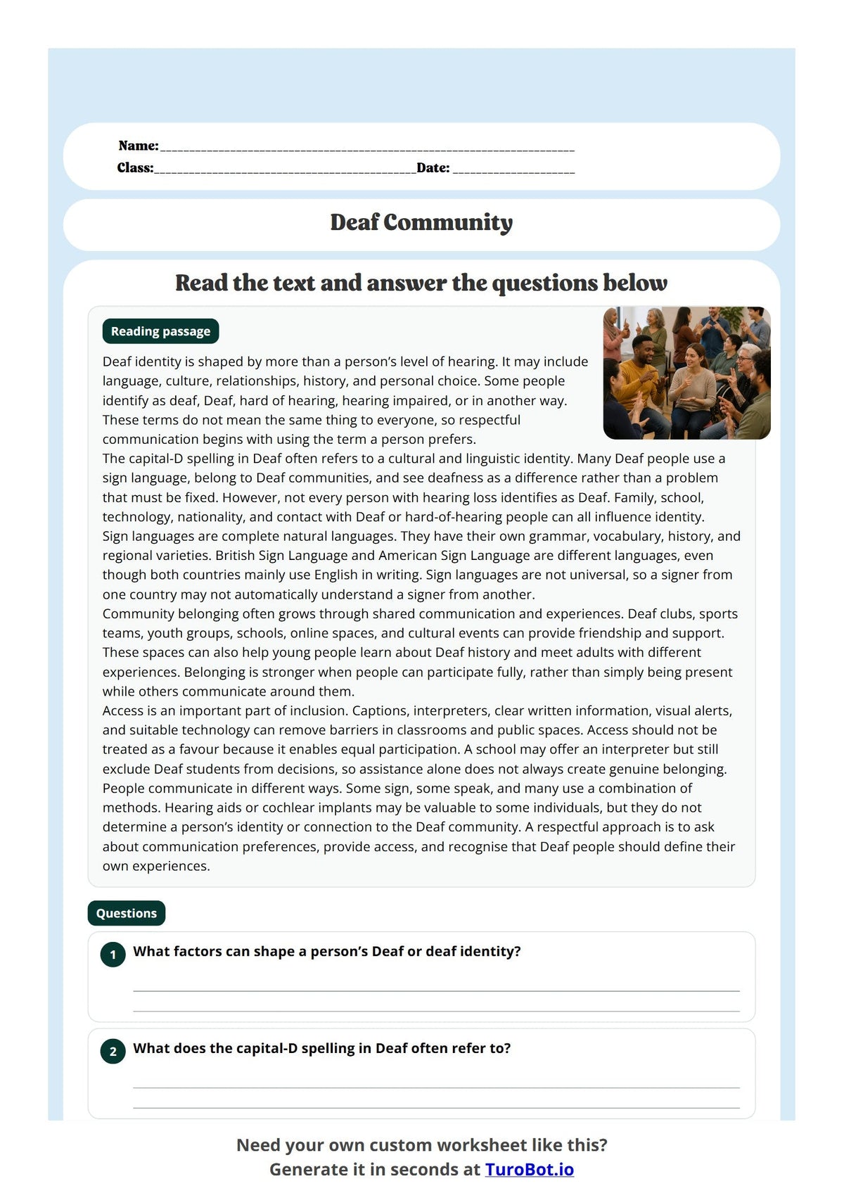 Free Year 10 Social Studies Worksheet - Deaf Community preview