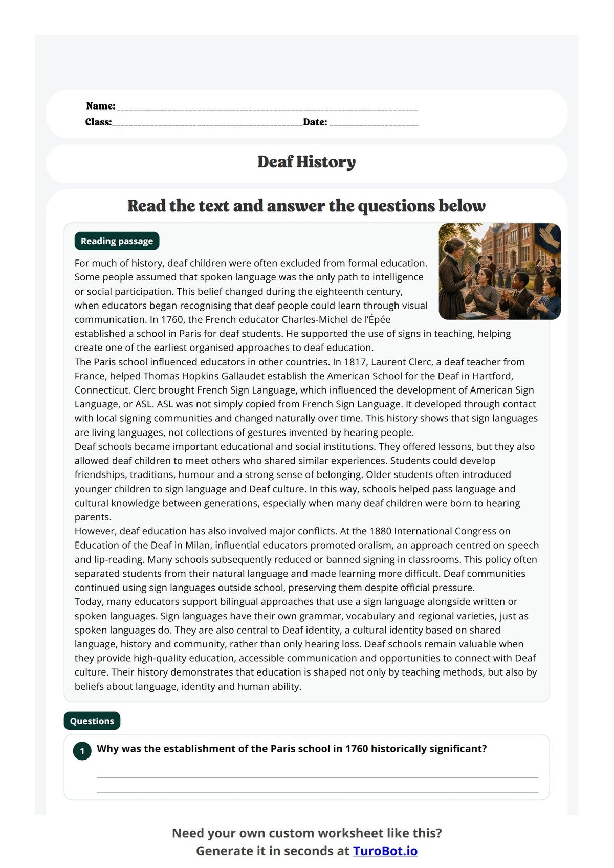 Free Year 11 Social Studies Worksheet - Deaf History preview