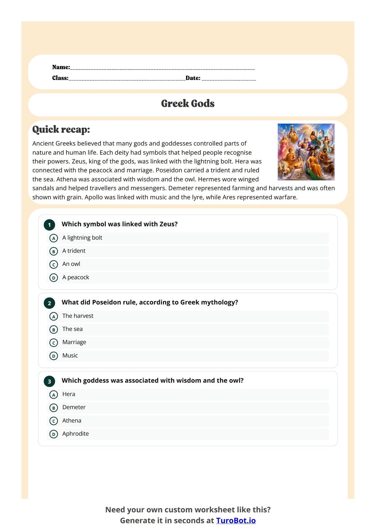 Free Year 5 History Worksheet -Greek Gods preview