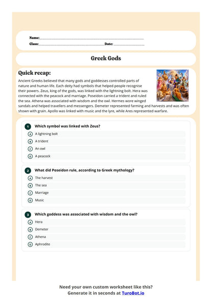 Free Year 5 History Worksheet -Greek Gods preview