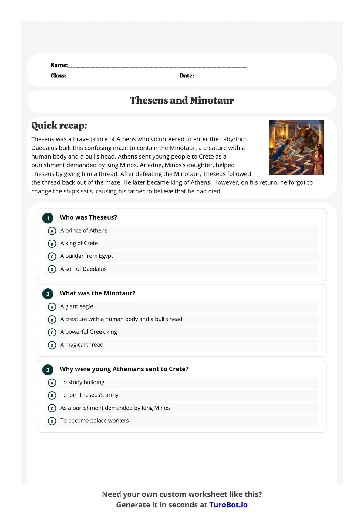 Free Year 6 History Worksheet - Theseus and Minotaur preview