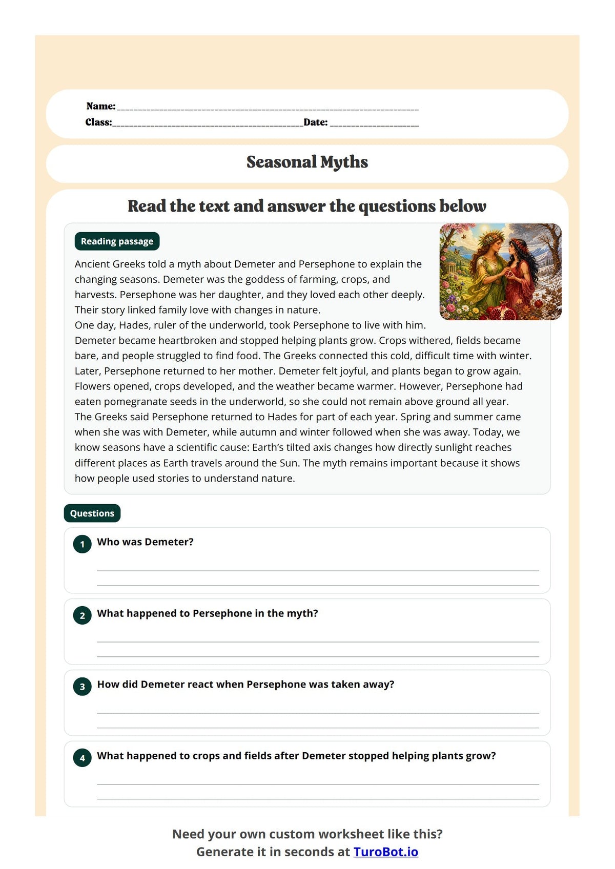 Free Year 5 History Worksheet - Seasonal Myths preview