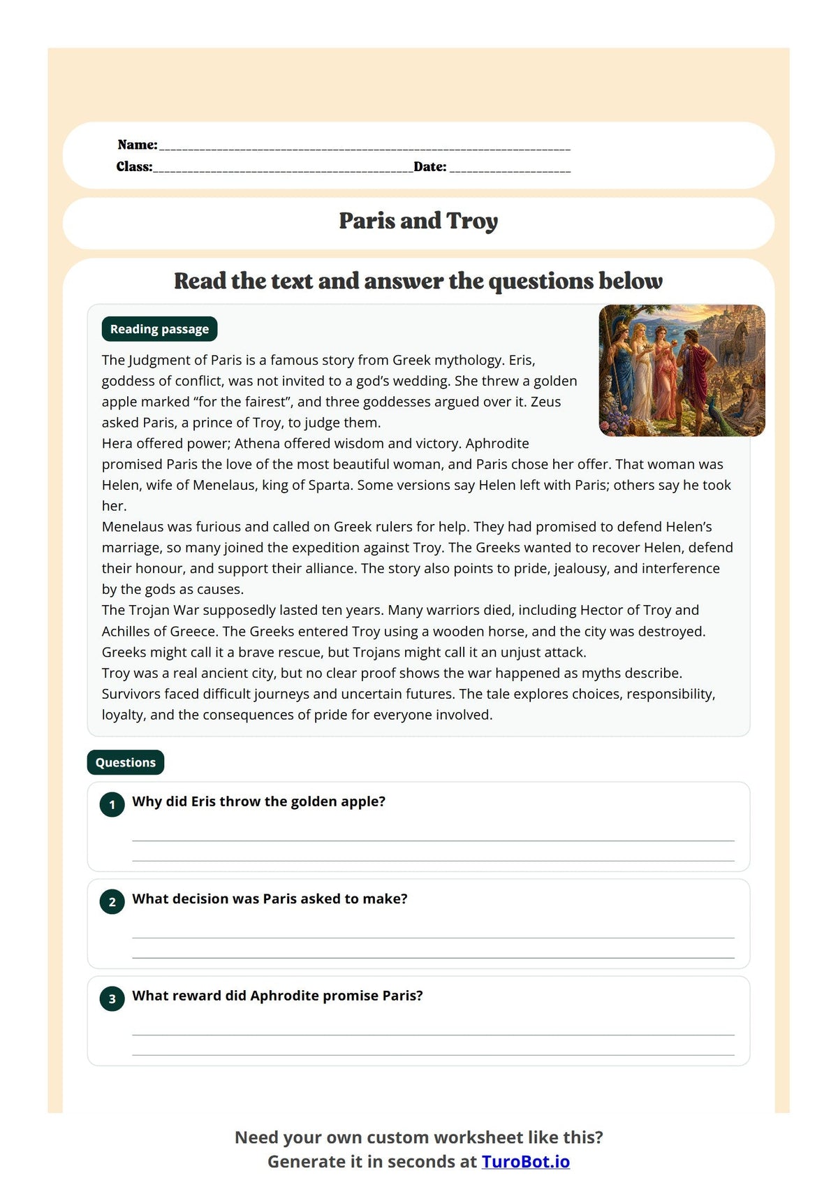 Free Year 6 History Worksheet - Paris and Troy preview