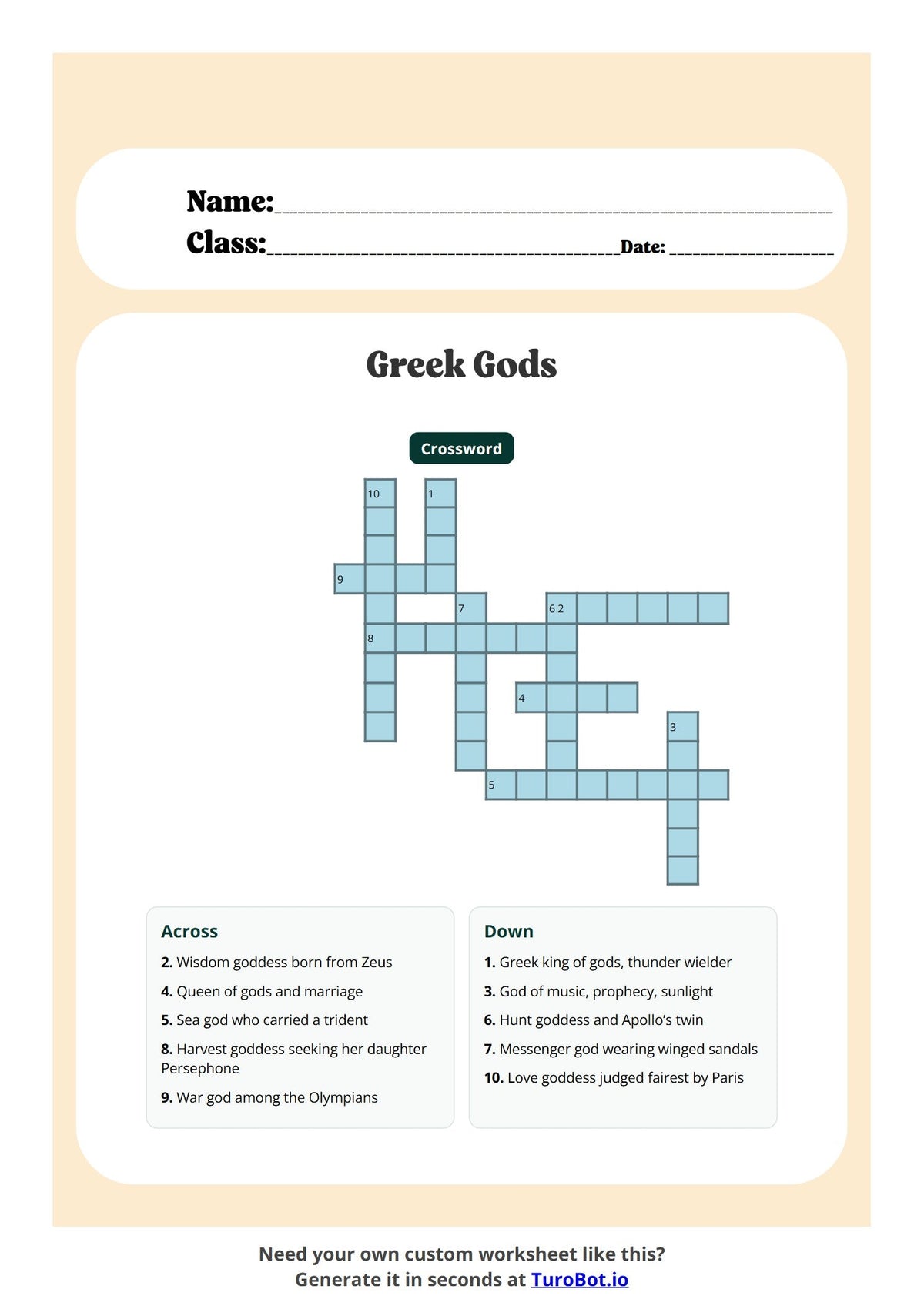 Free Year 5 History Worksheet - Greek Gods preview