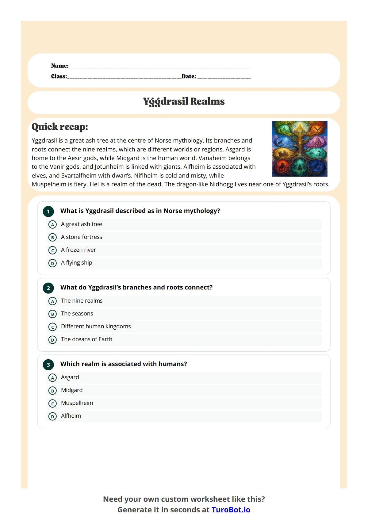 Free Year 6 History Worksheet - Yggdrasil Realms preview