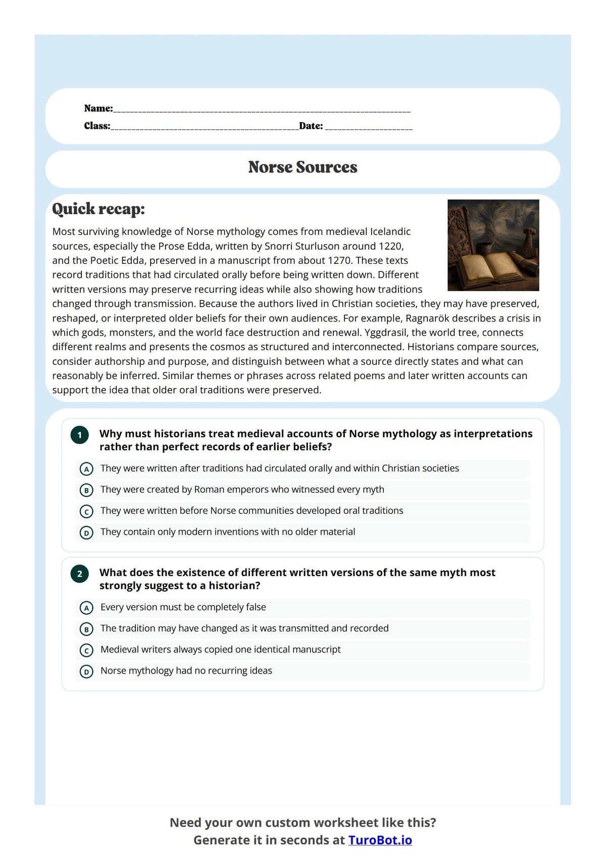 Free Year 10 History Worksheet - Norse Sources preview