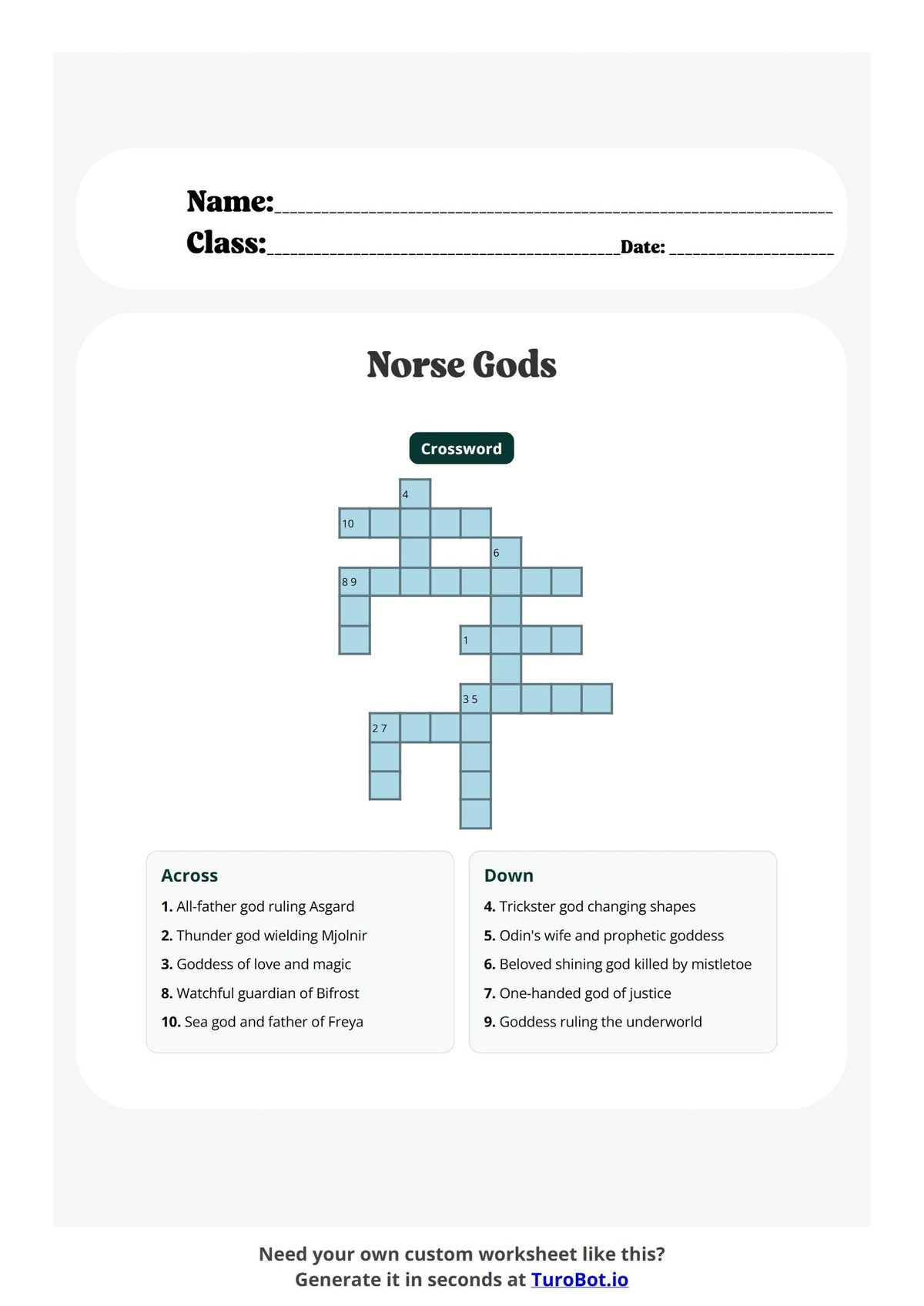Free Year 5 History Worksheet - Norse Gods preview