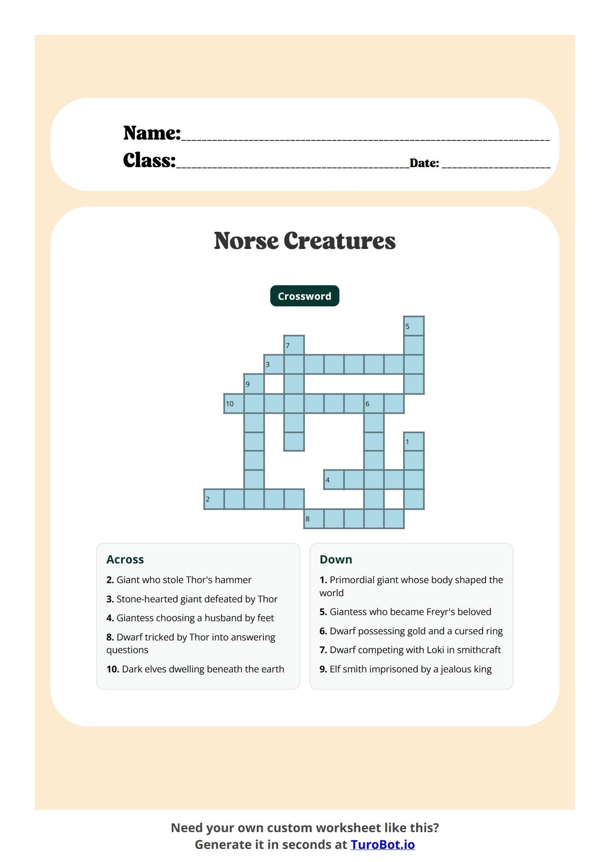 Free Year 6 History Worksheet - Norse Creatures preview
