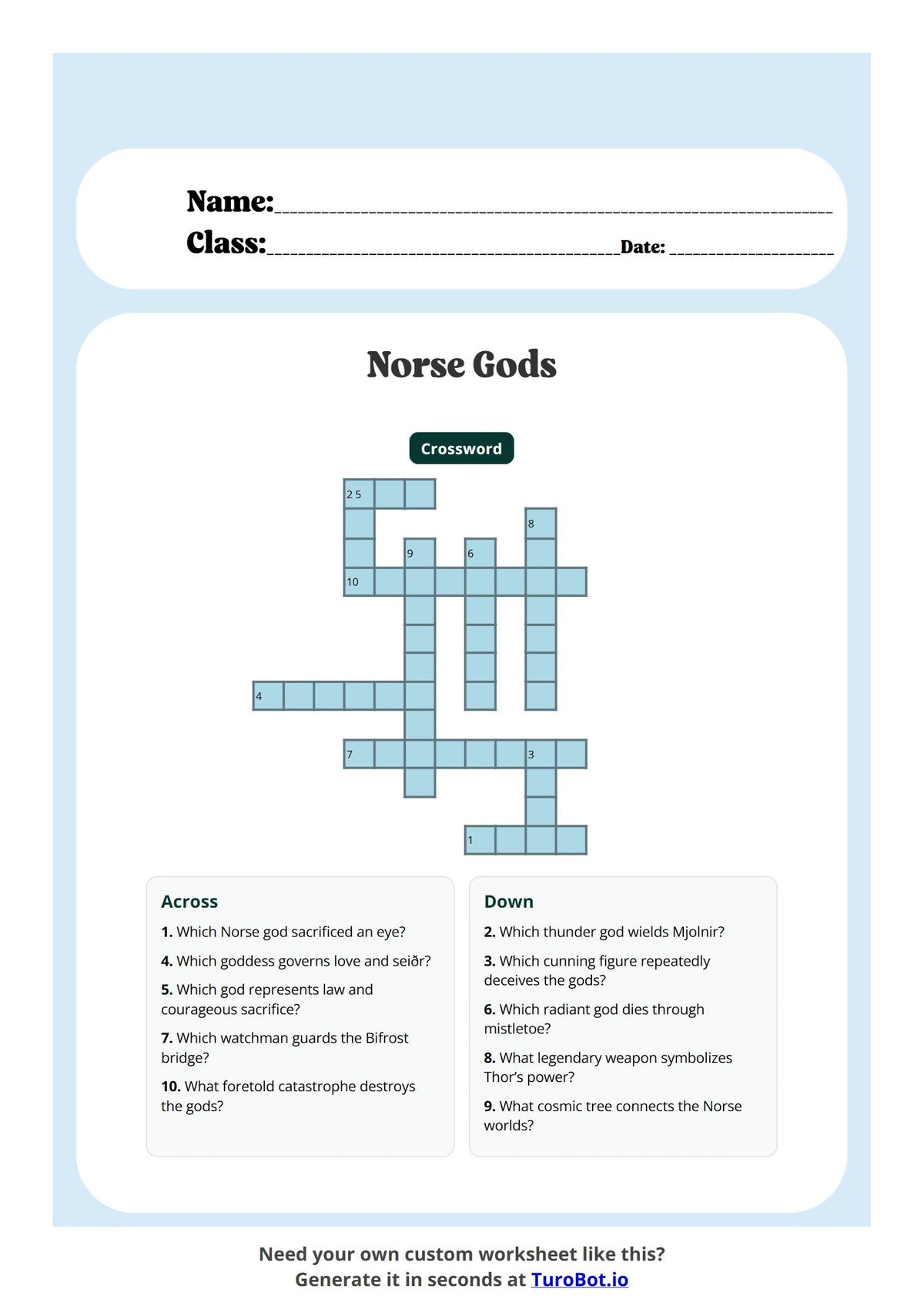 Free Year 10 History Worksheet - Norse Gods preview