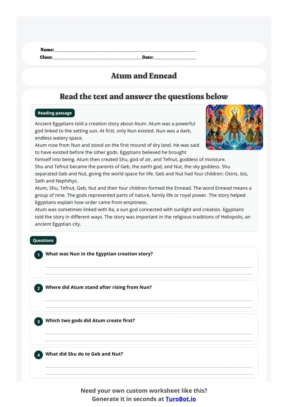 Free Year 5 History Worksheet - Atum and Ennead preview