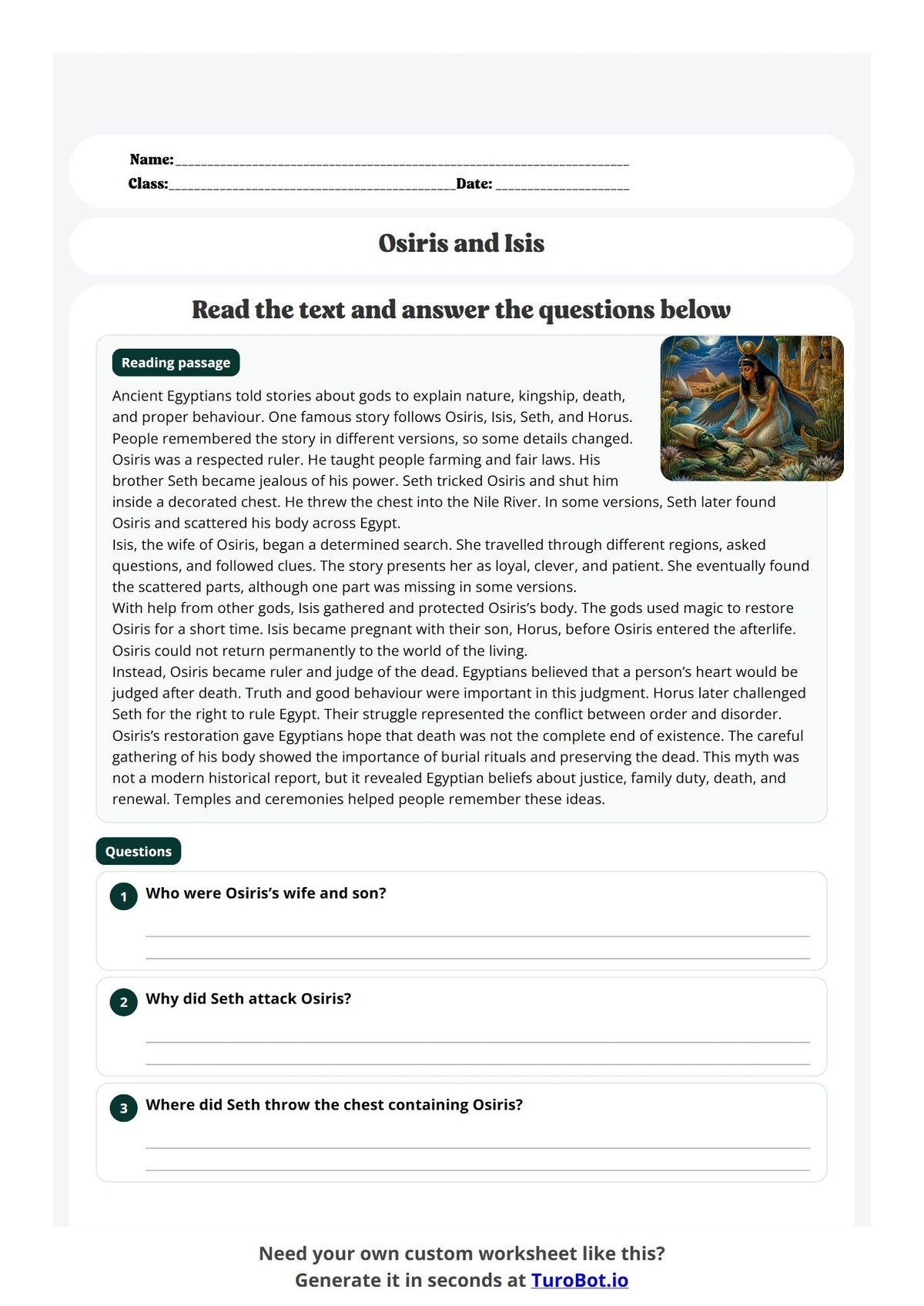 Free Year 7 History Worksheet - Osiris and Isis preview