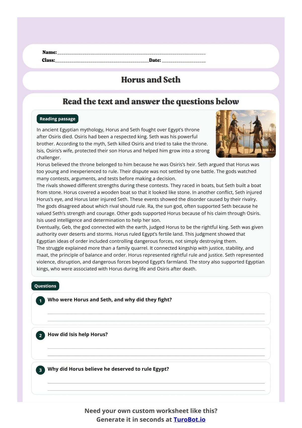 Free Year 9 History Worksheet - Horus and Seth preview