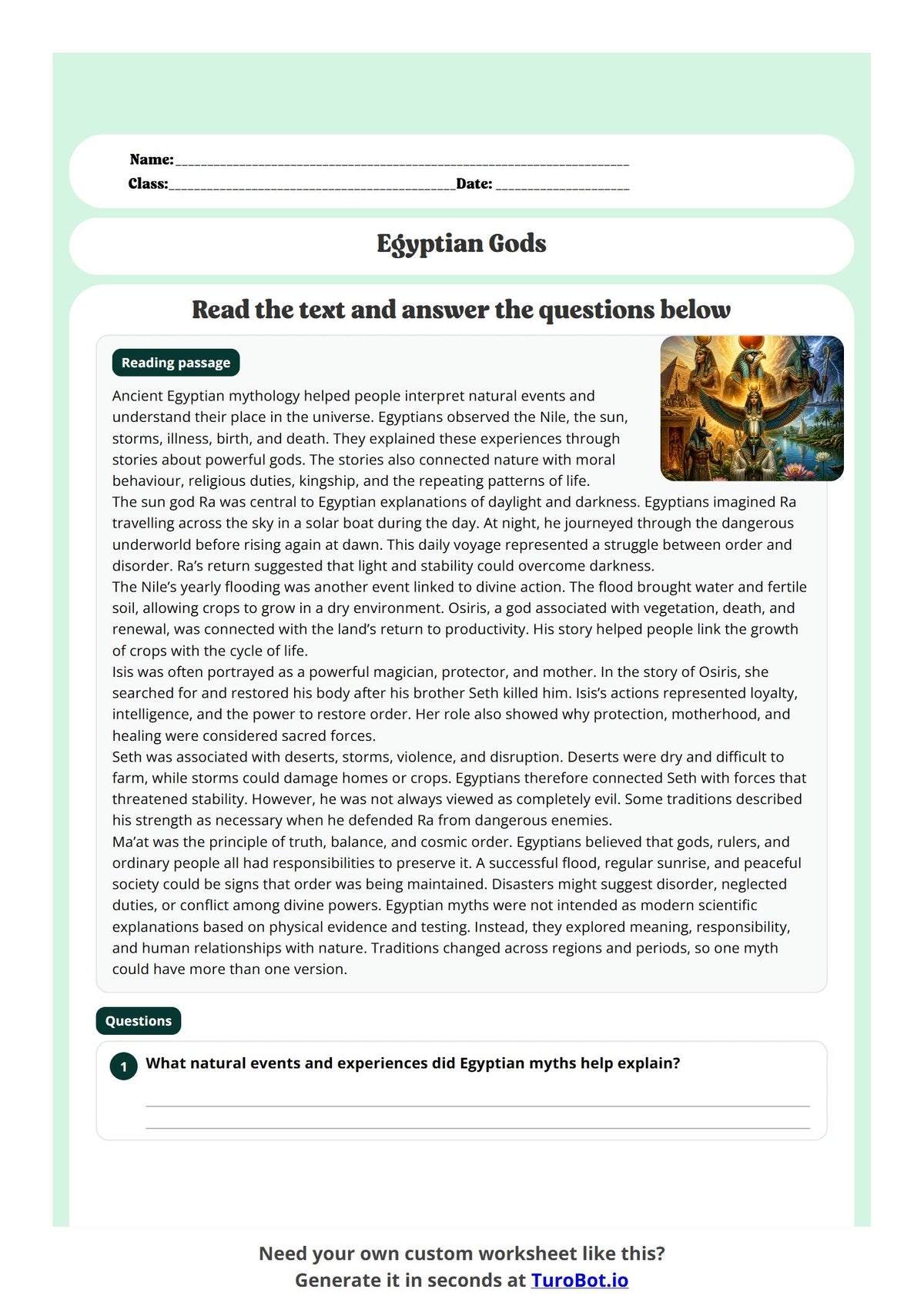 Free Year 10 History Worksheet - Egyptian Gods preview