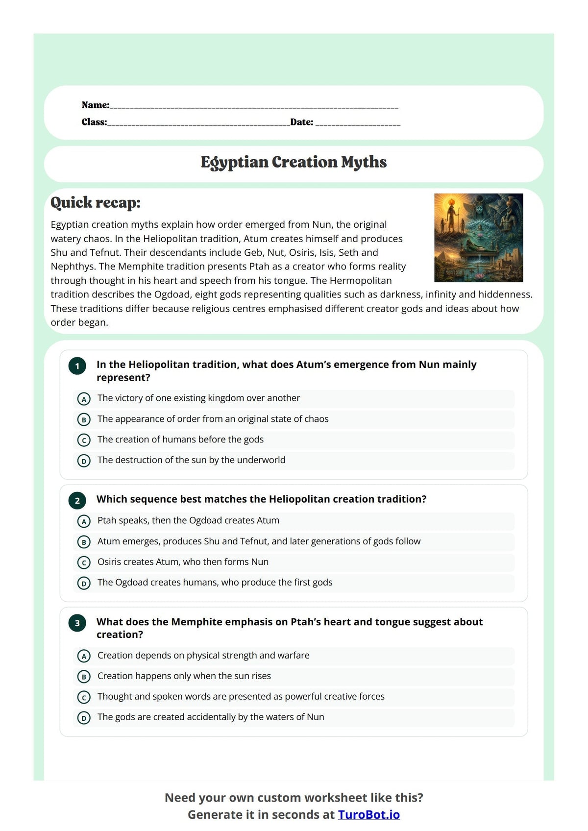 Free Year 8 History Worksheet - Egyptian Creation Myths preview