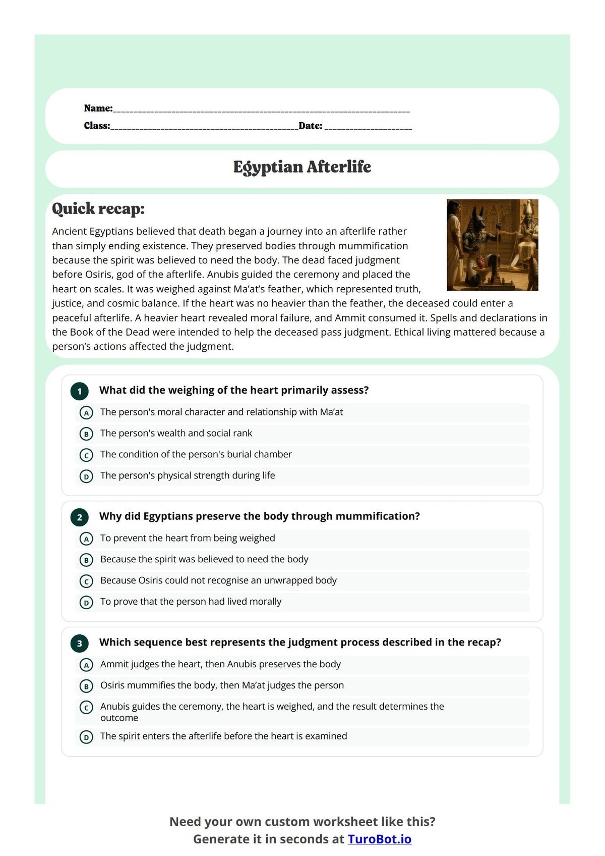 Free Year 9 History Worksheet - Egyptian Afterlife preview