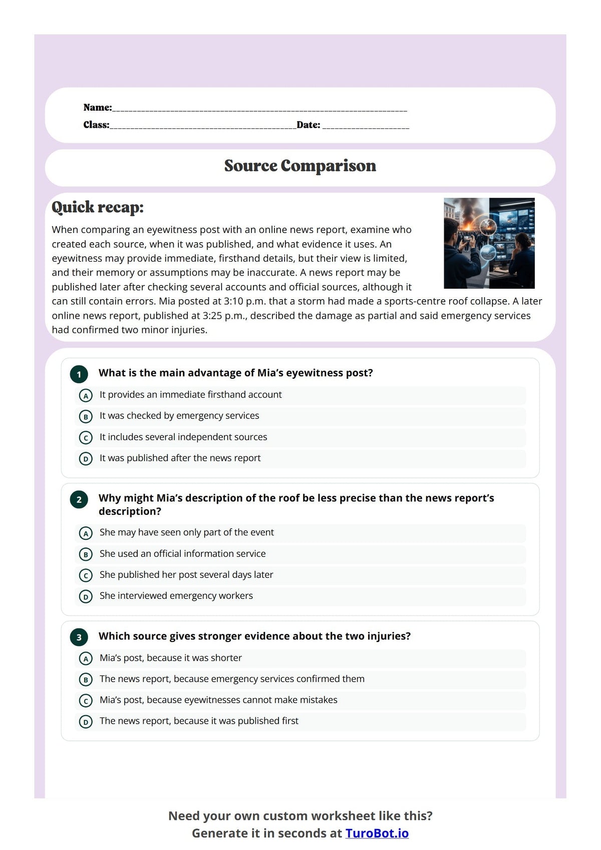 Free Year 8 Media and Literacy Worksheet - Source Comparison preview