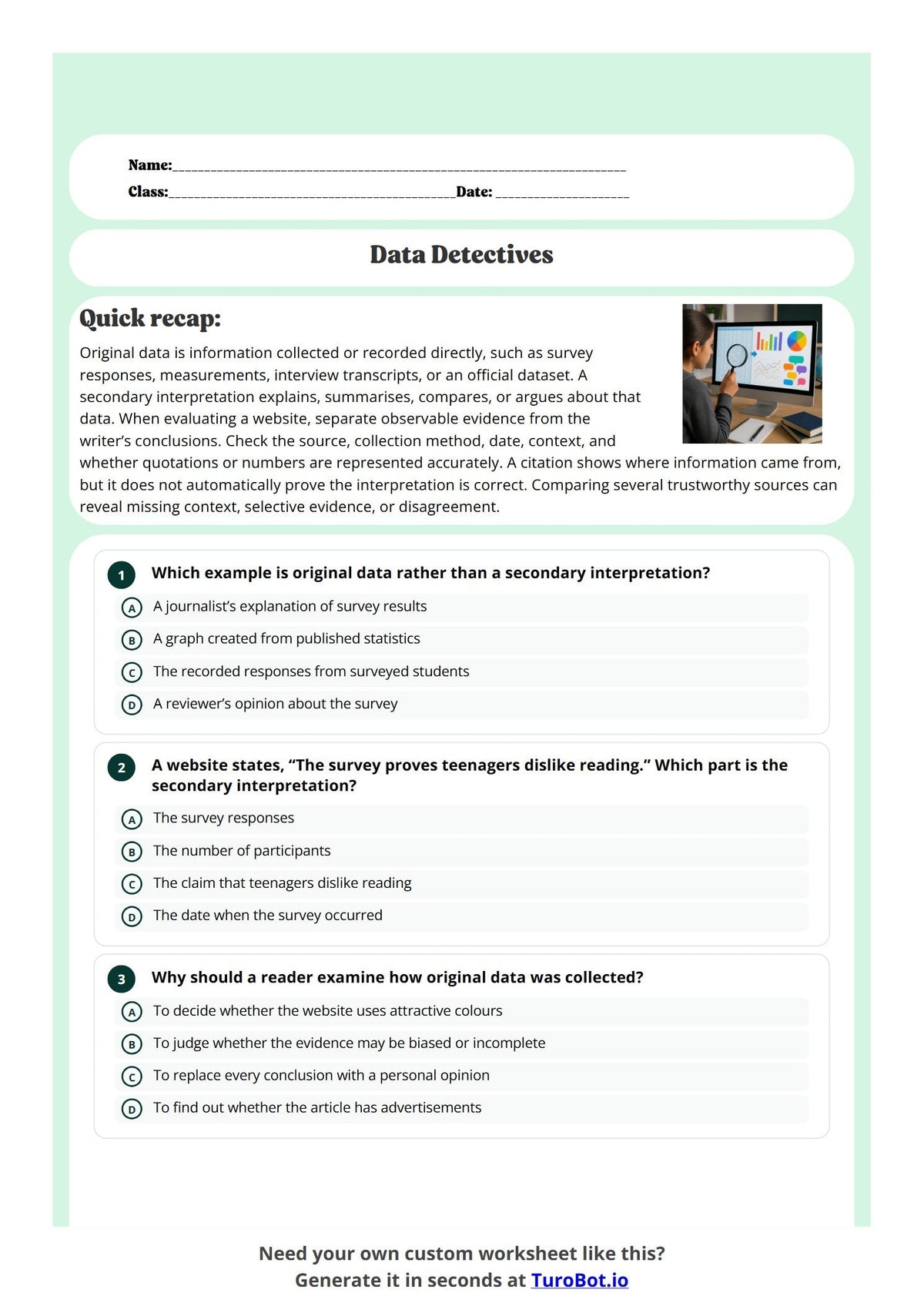 Free Year 9 Media and Literacy Worksheet - Data Detectives preview