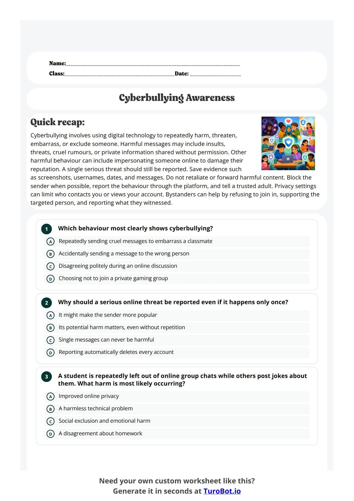 Free Year 7 Media and Literacy Worksheet - Cyberbullying Awareness preview
