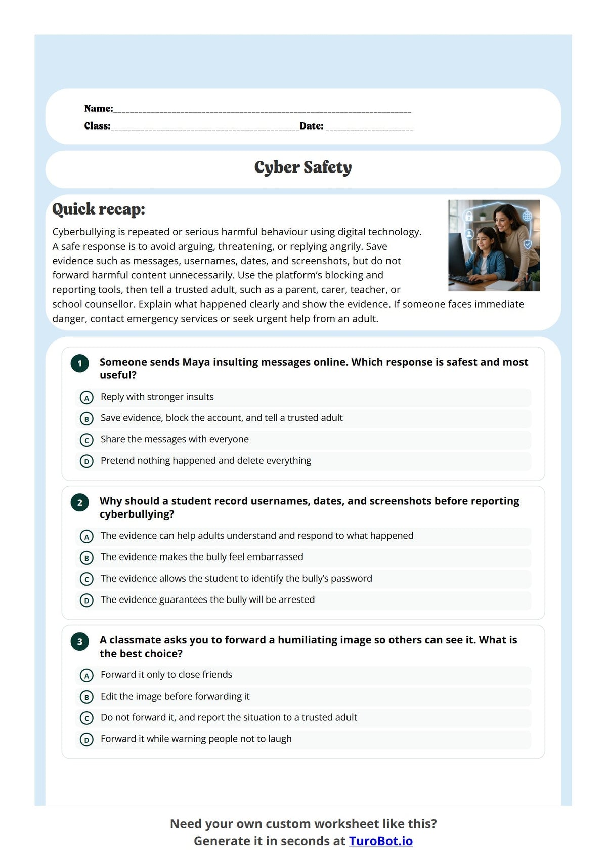 Free Year 8 Media and Literacy Worksheet - Cyber Safety preview