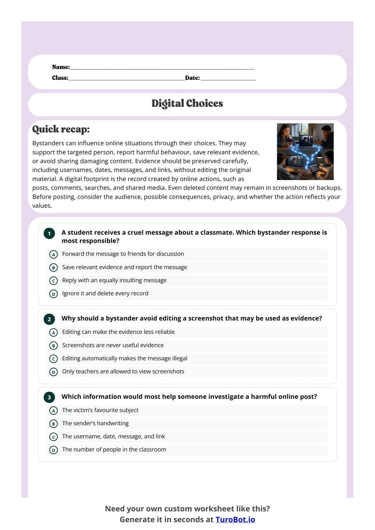 Free Year 9 Media and Literacy Worksheet - Digital Choices preview