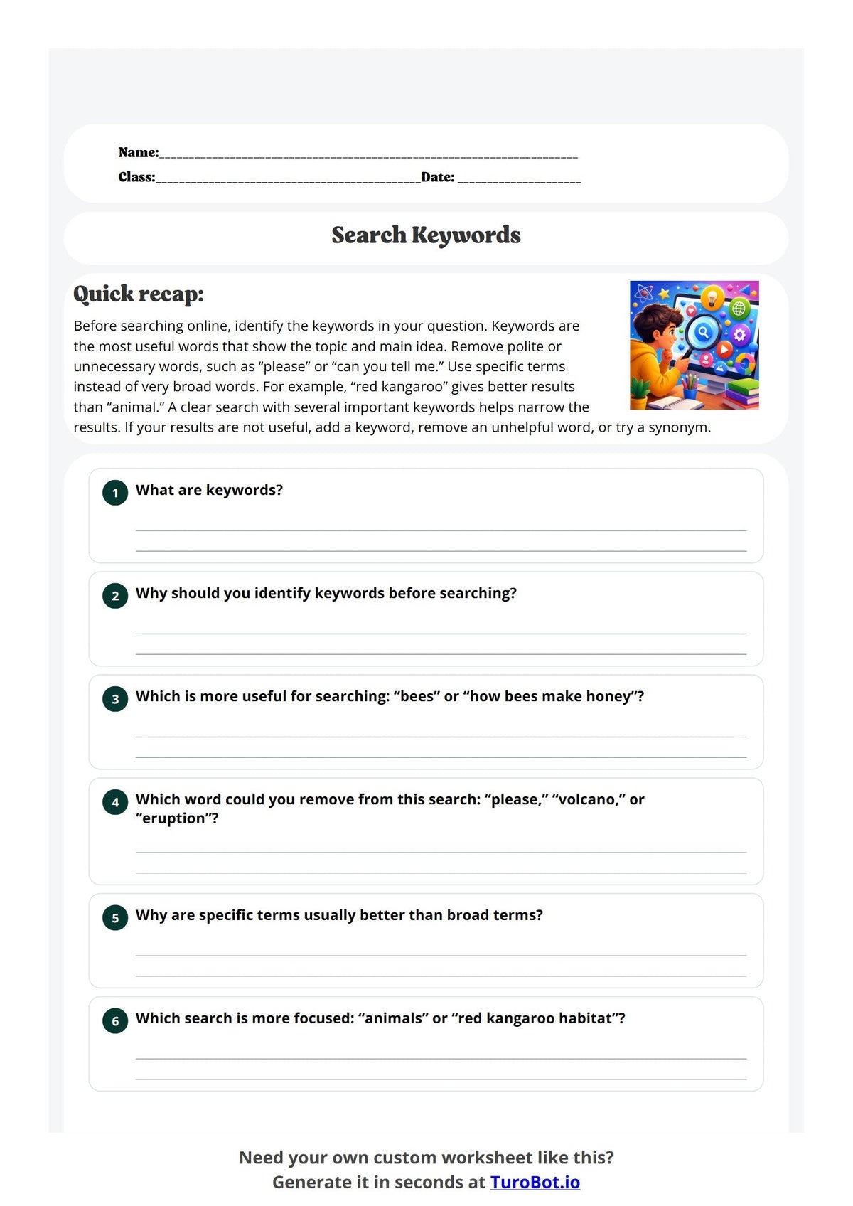 Free Year 5 Media and Literacy Worksheet - Search Keywords preview