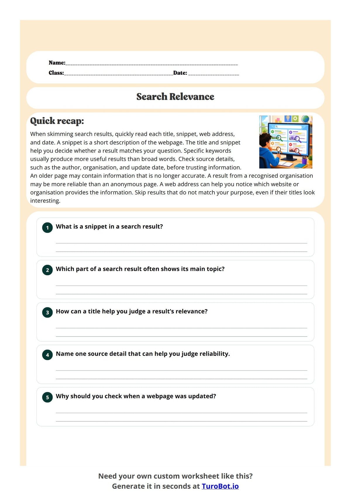 Free Year 6 Media and Literacy Worksheet - Search Relevance preview