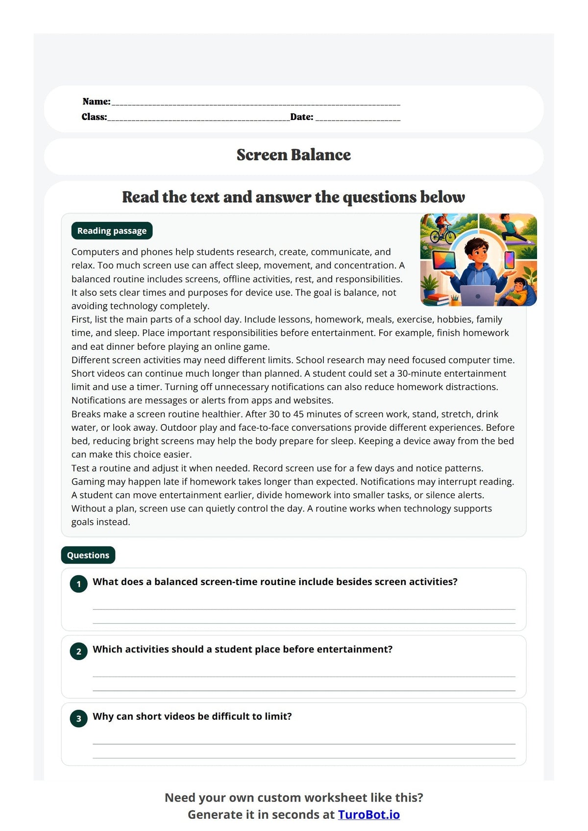 Free Year 7 Media and Literacy Worksheet - Screen Balance preview