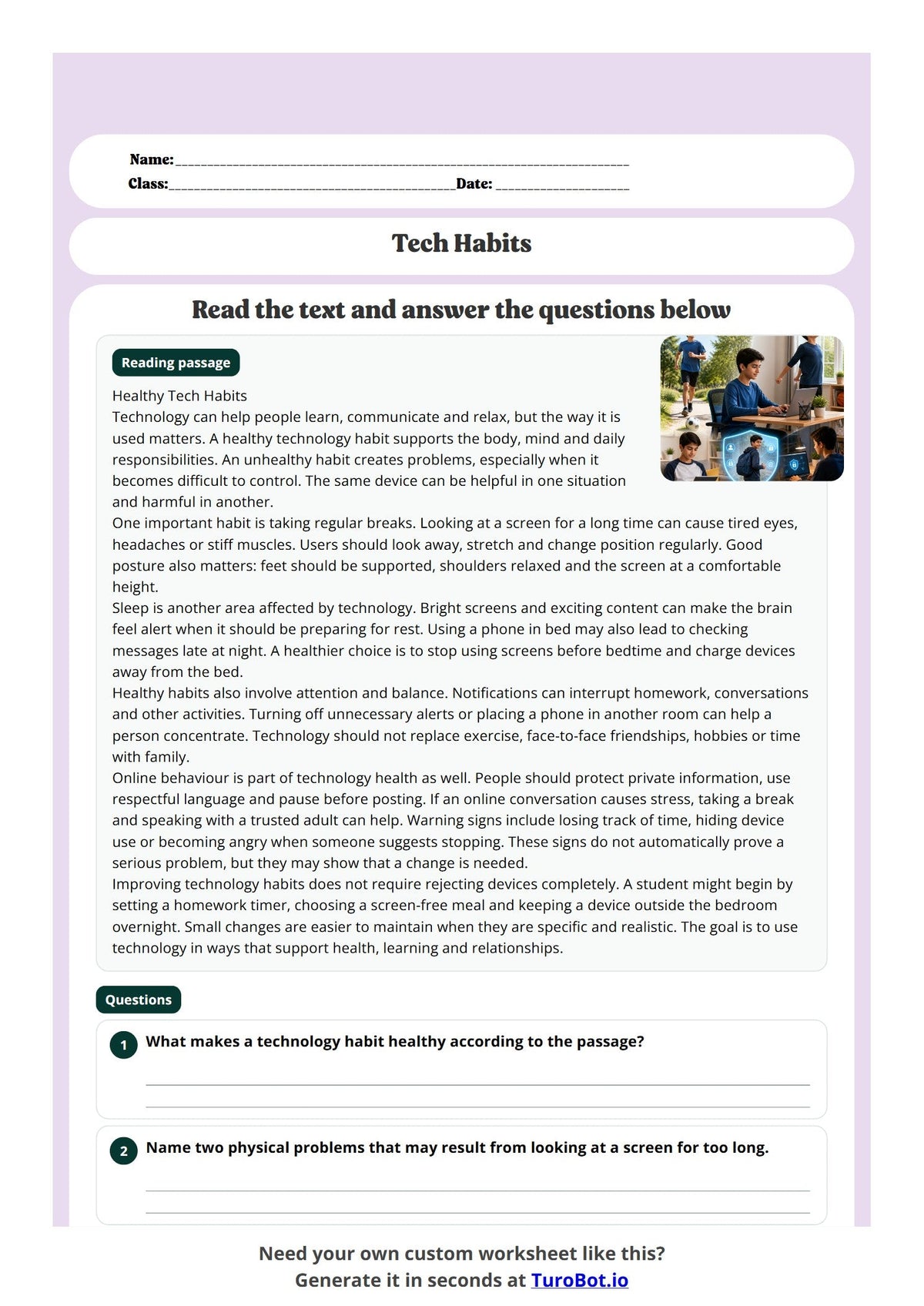 Free Year 8 Media and Literacy Worksheet - Tech Habits preview