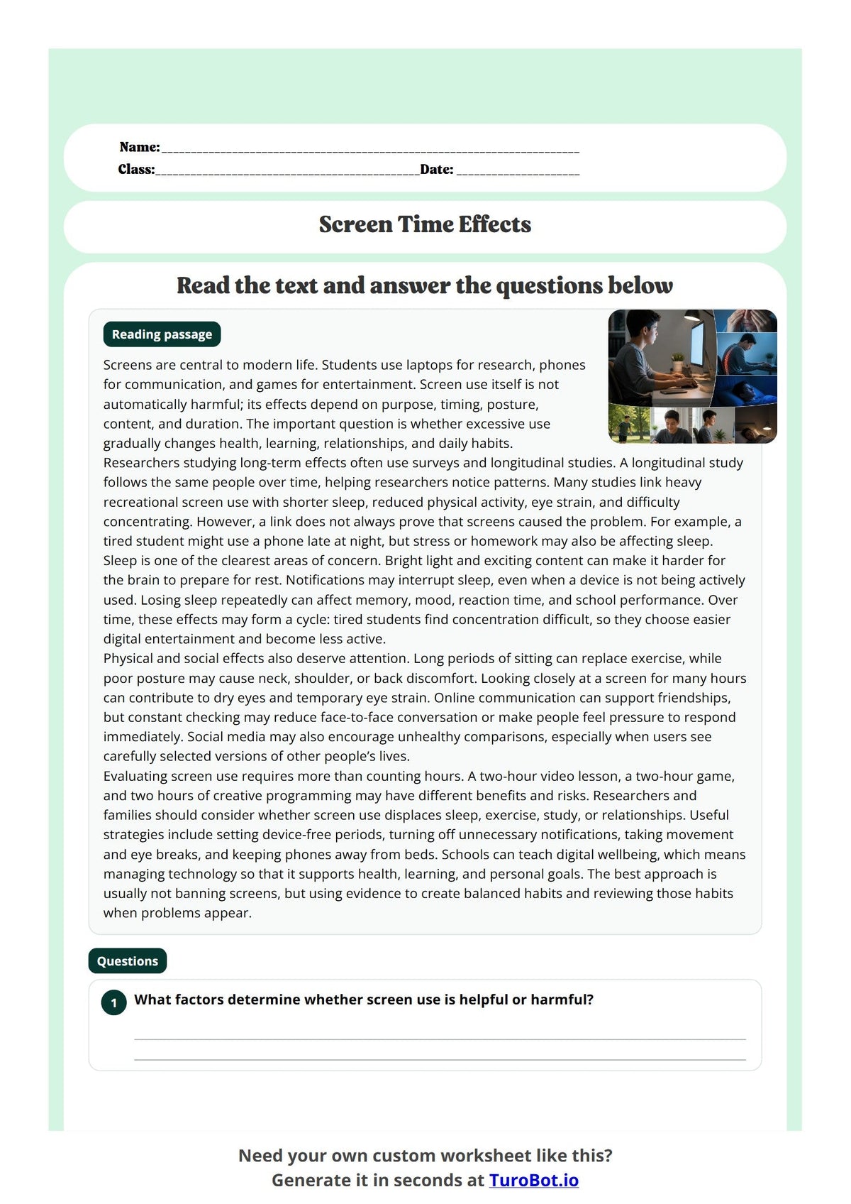 Free Year 10 Media and Literacy Worksheet - Screen Time Effects preview