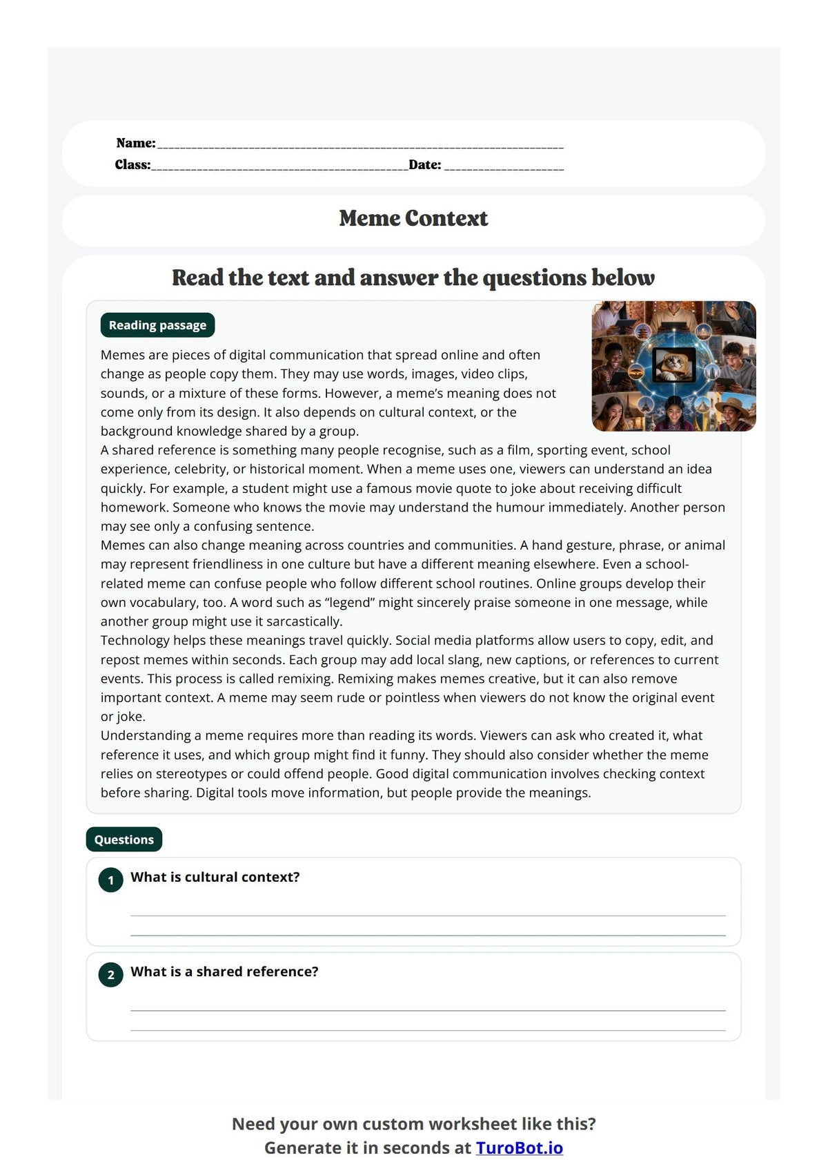 Free Year 8 Worksheet - Meme Context preview