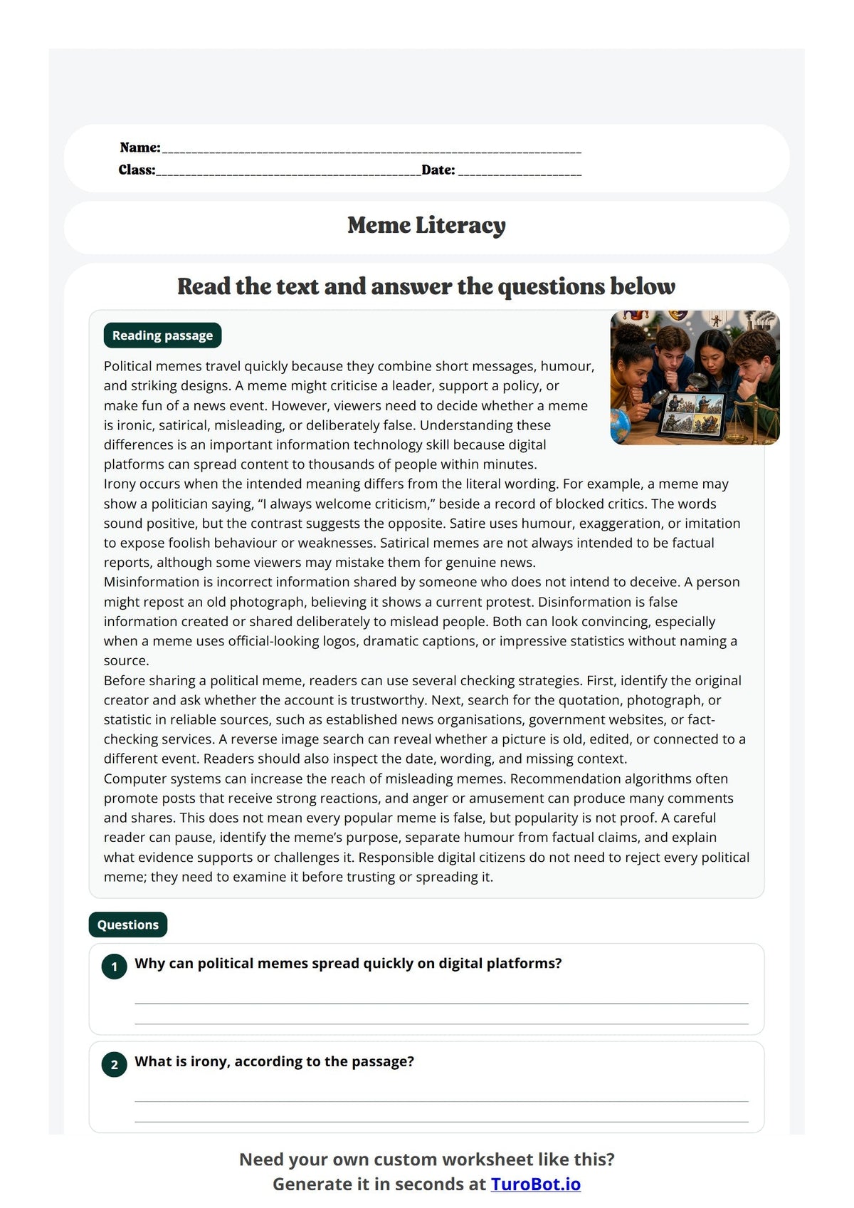Free Year 9 Worksheet - Meme Literacy preview