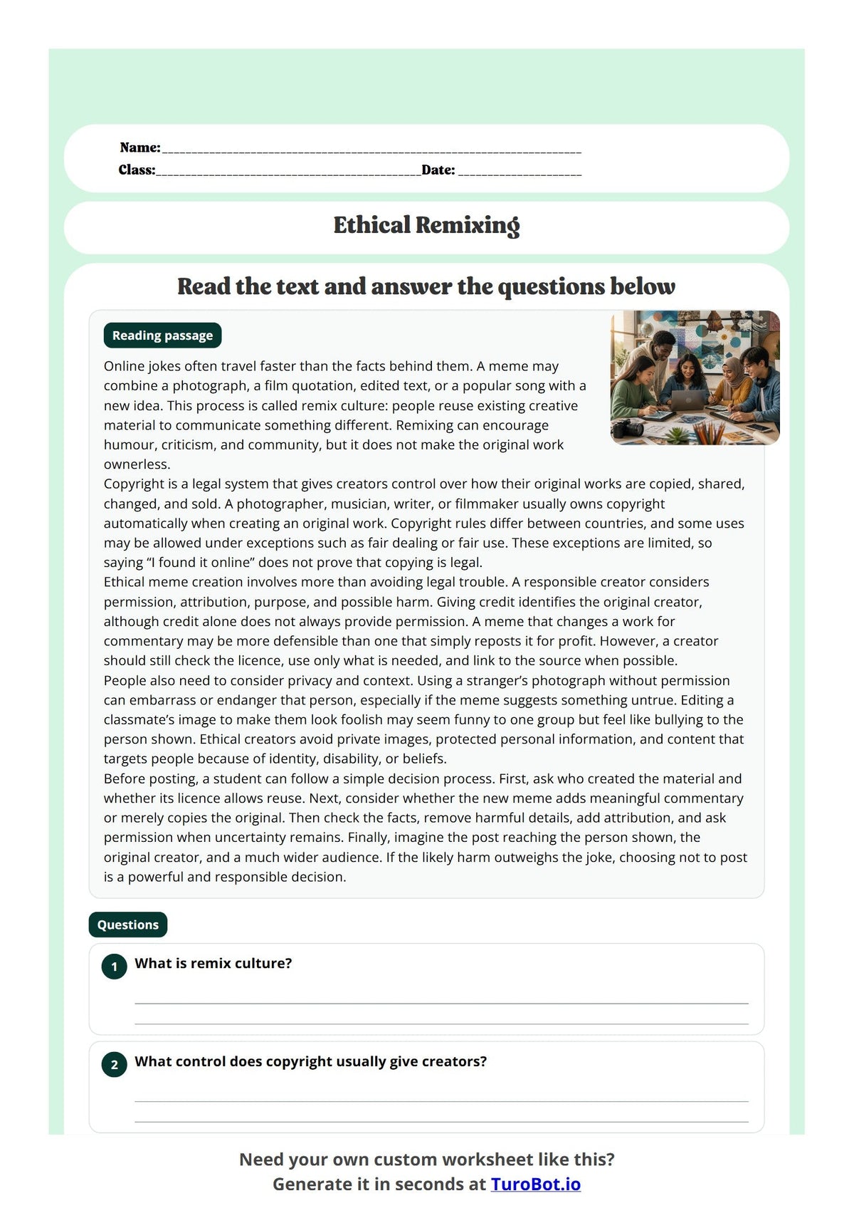 Free Year 10 Worksheet - Ethical Remixing preview