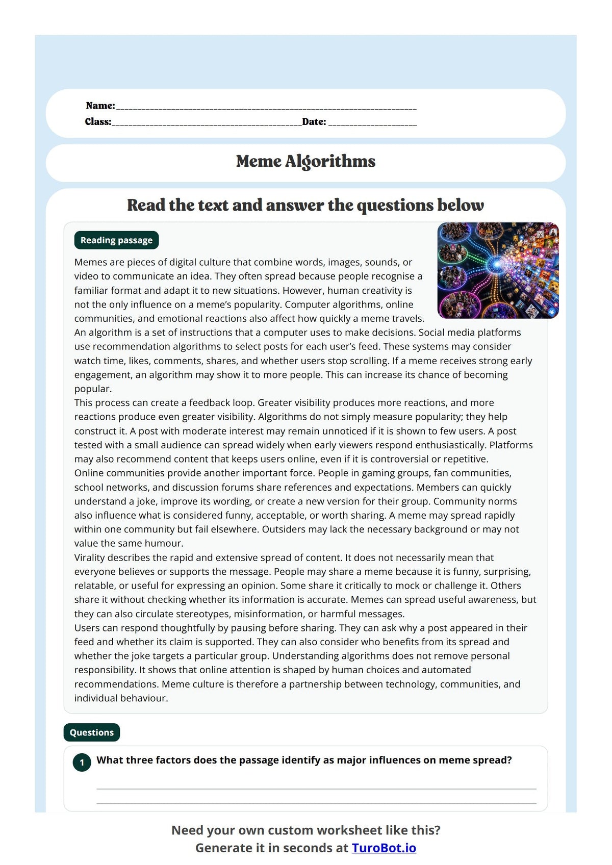 Free Year 11 Worksheet - Meme Algorithms preview