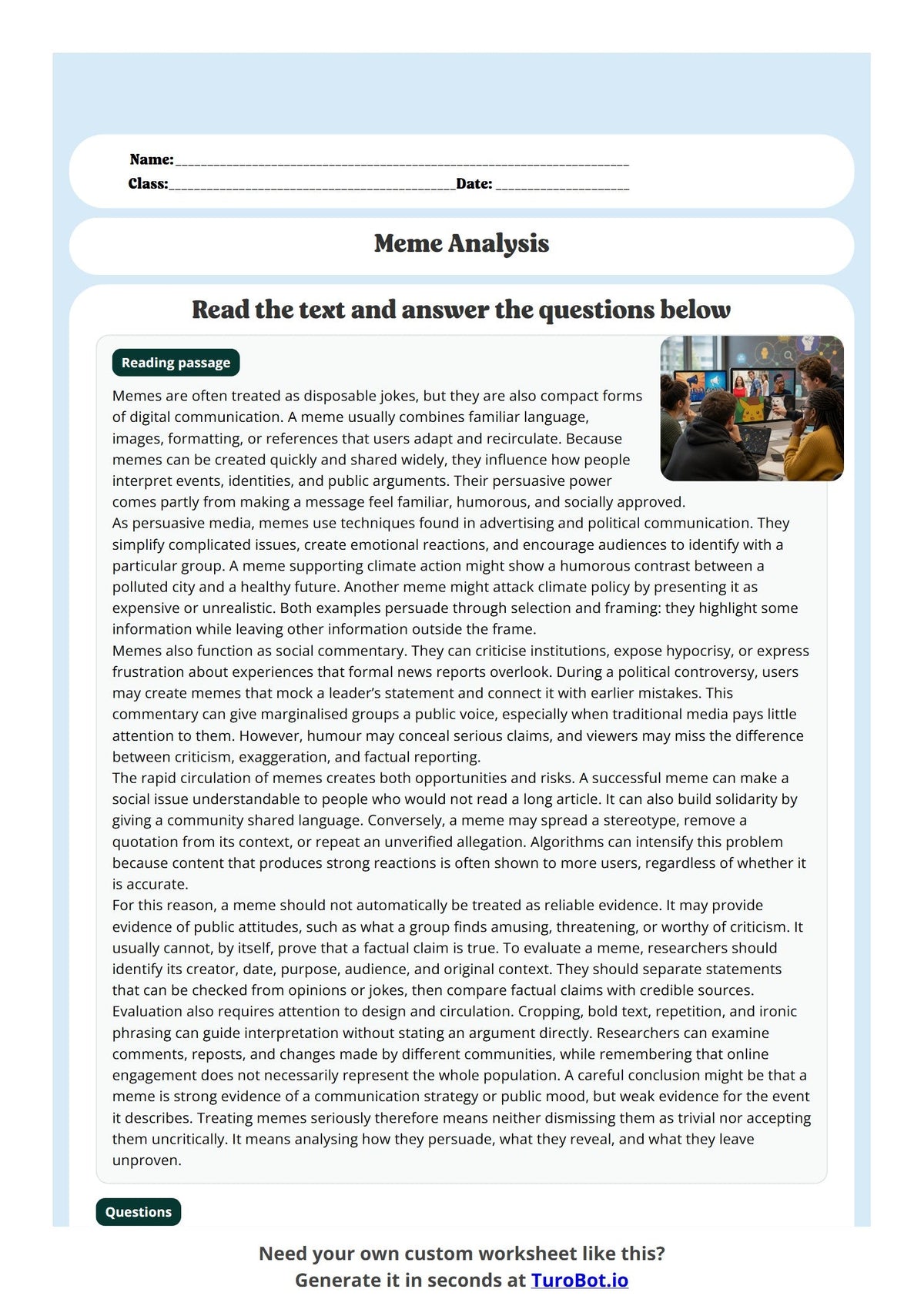 Free Year 12 Worksheet -Meme Analysis preview