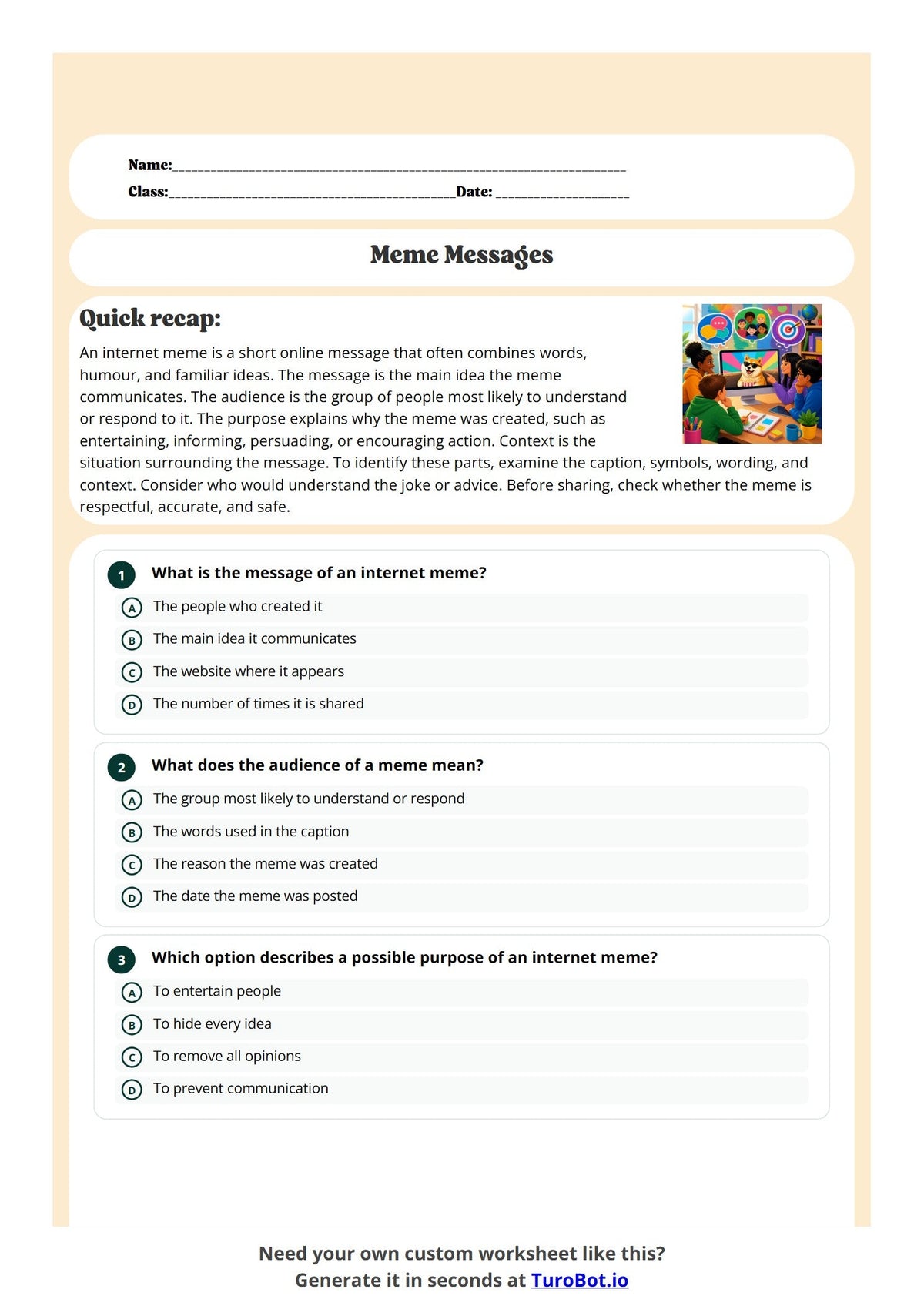 Free Year 5 Worksheet -Meme Messages preview