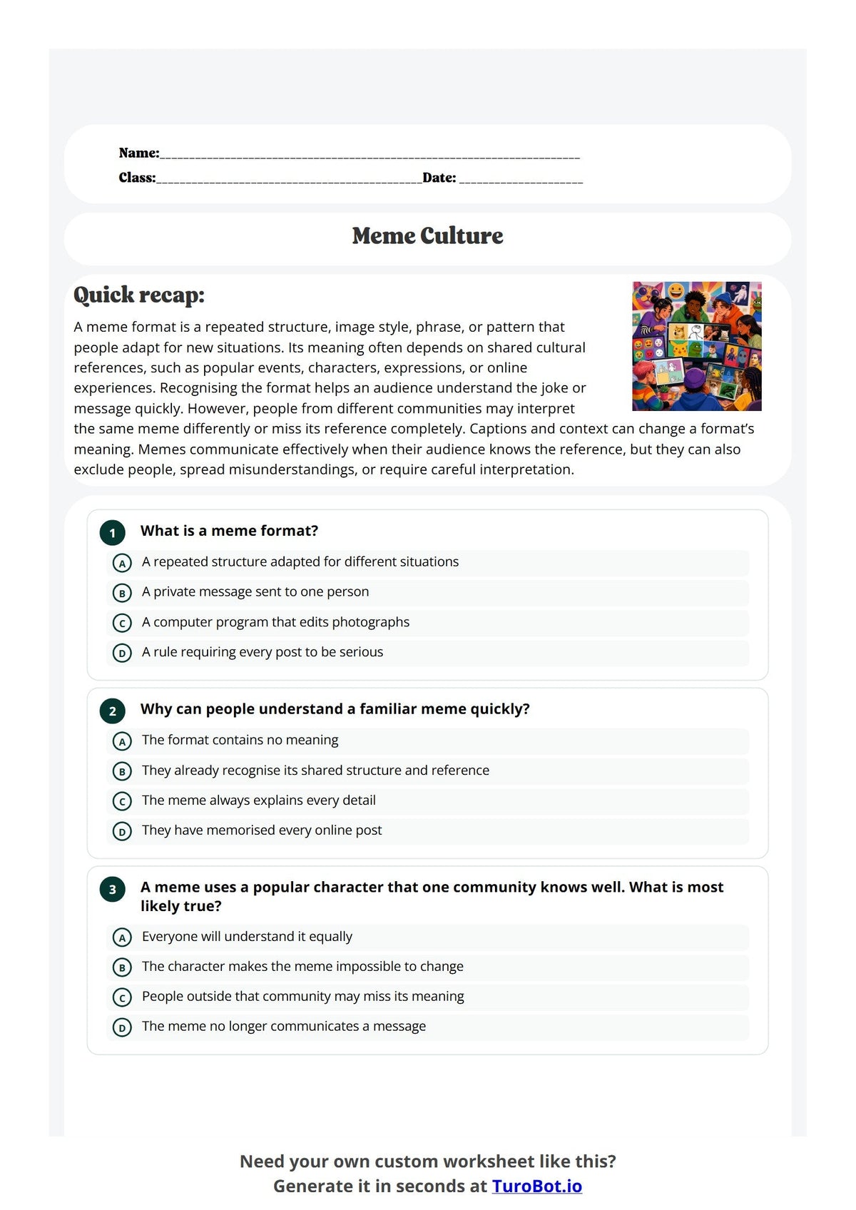 Free Year 7 Worksheet - Meme Culture preview