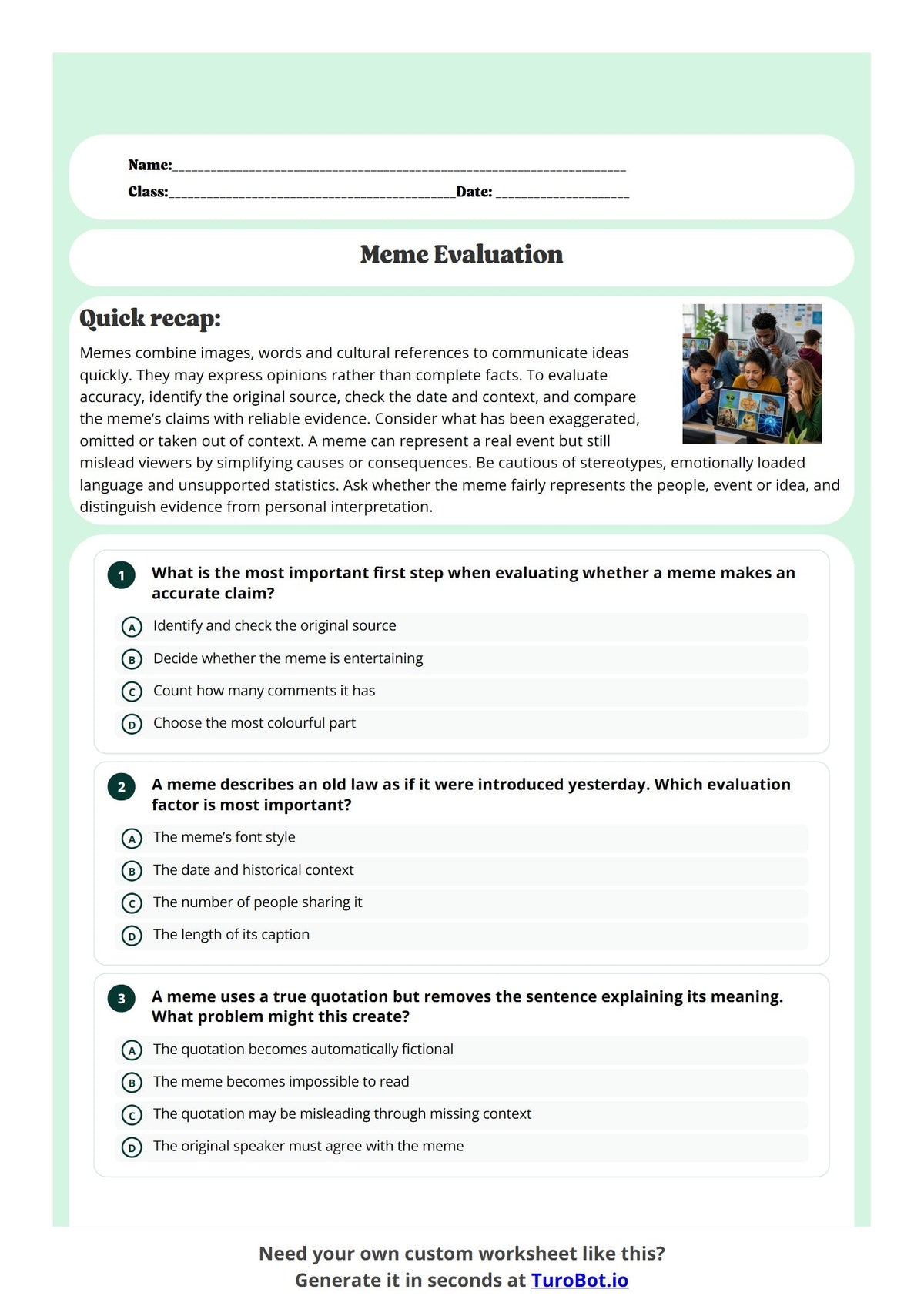 Free Year 8 Worksheet - Meme Evaluation preview