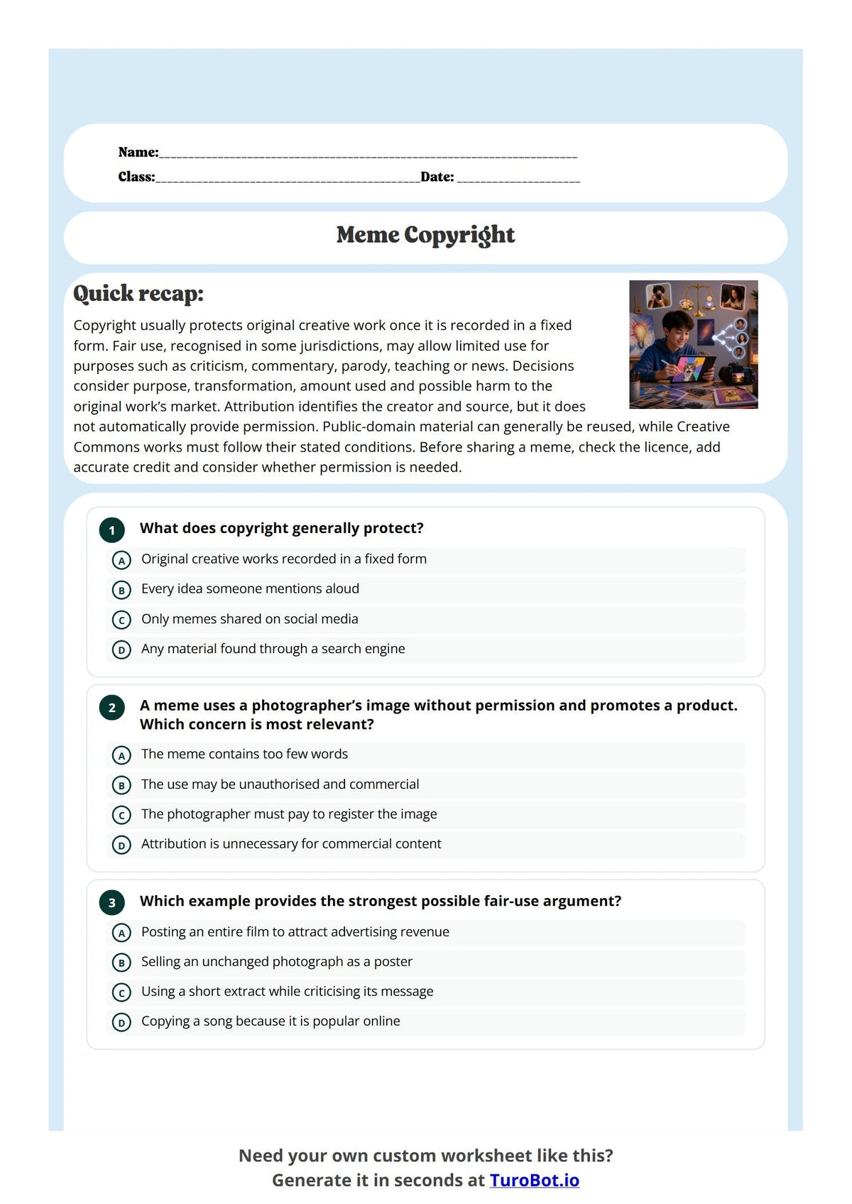 Free Year 10 Worksheet - Meme Copyright preview