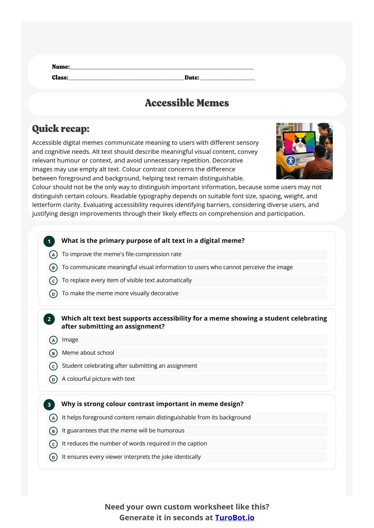 Free Year 12 Worksheet - Accessible Memes preview