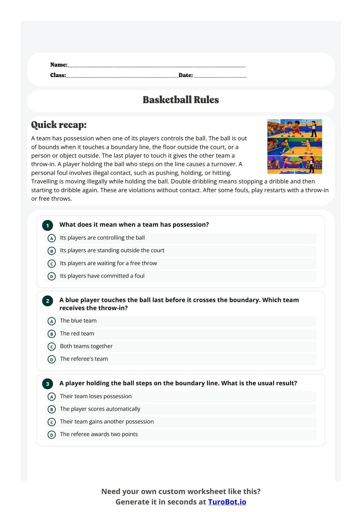 Free Year 6 Worksheet - Basketball Rules preview