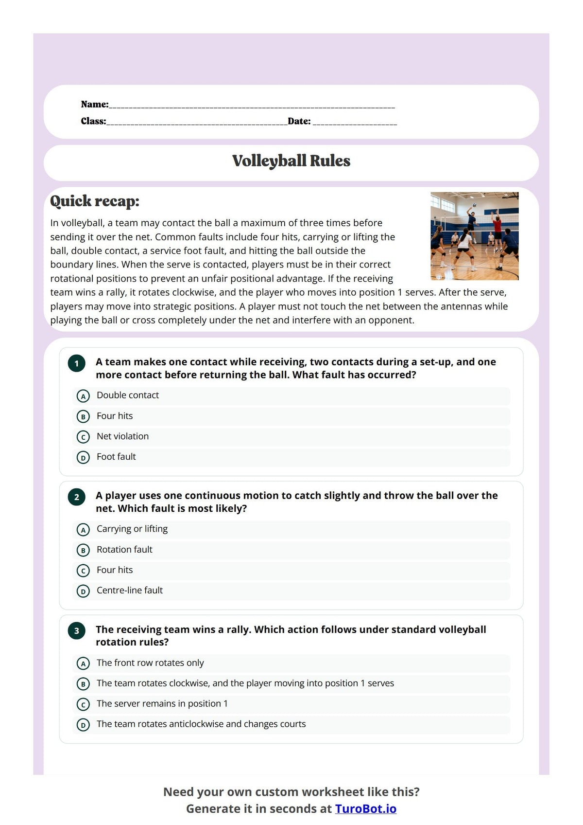 Free Year 8 Worksheet - Volleyball Rules preview