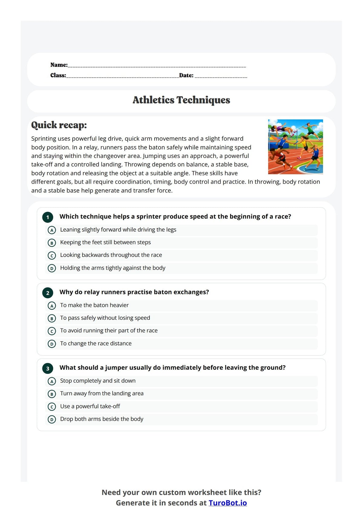 Free Year 6 Worksheet - Athletics Techniques preview