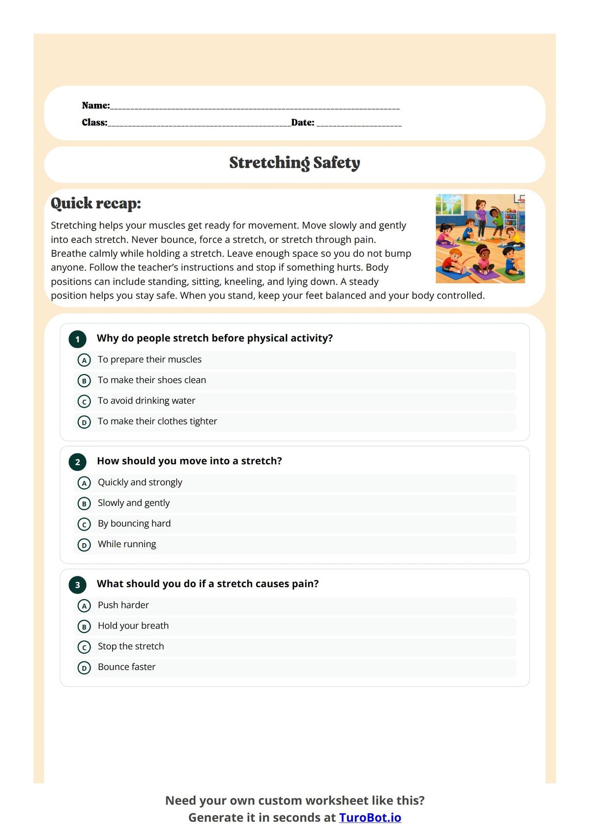 Free Year 3 Worksheet - Stretching Safety preview