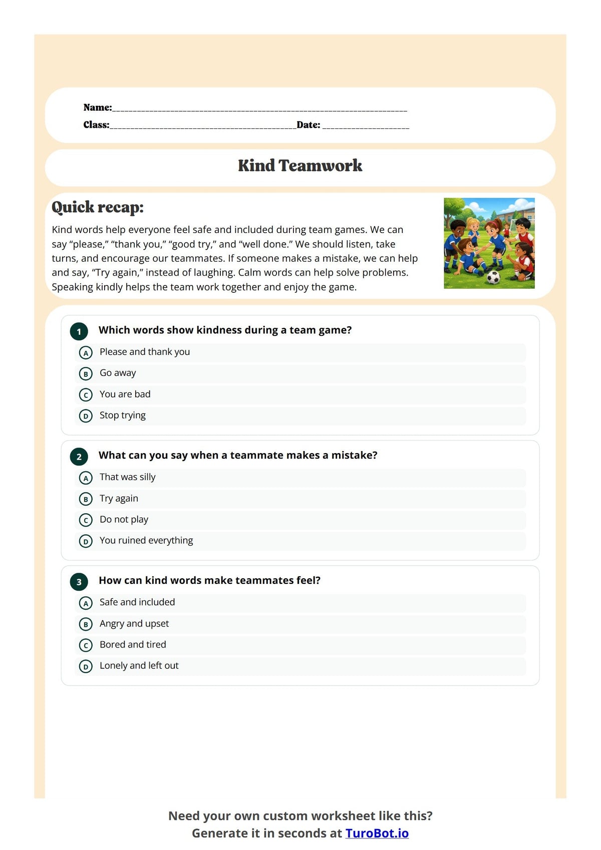 Free Year 2 Worksheet - Kind Teamwork preview