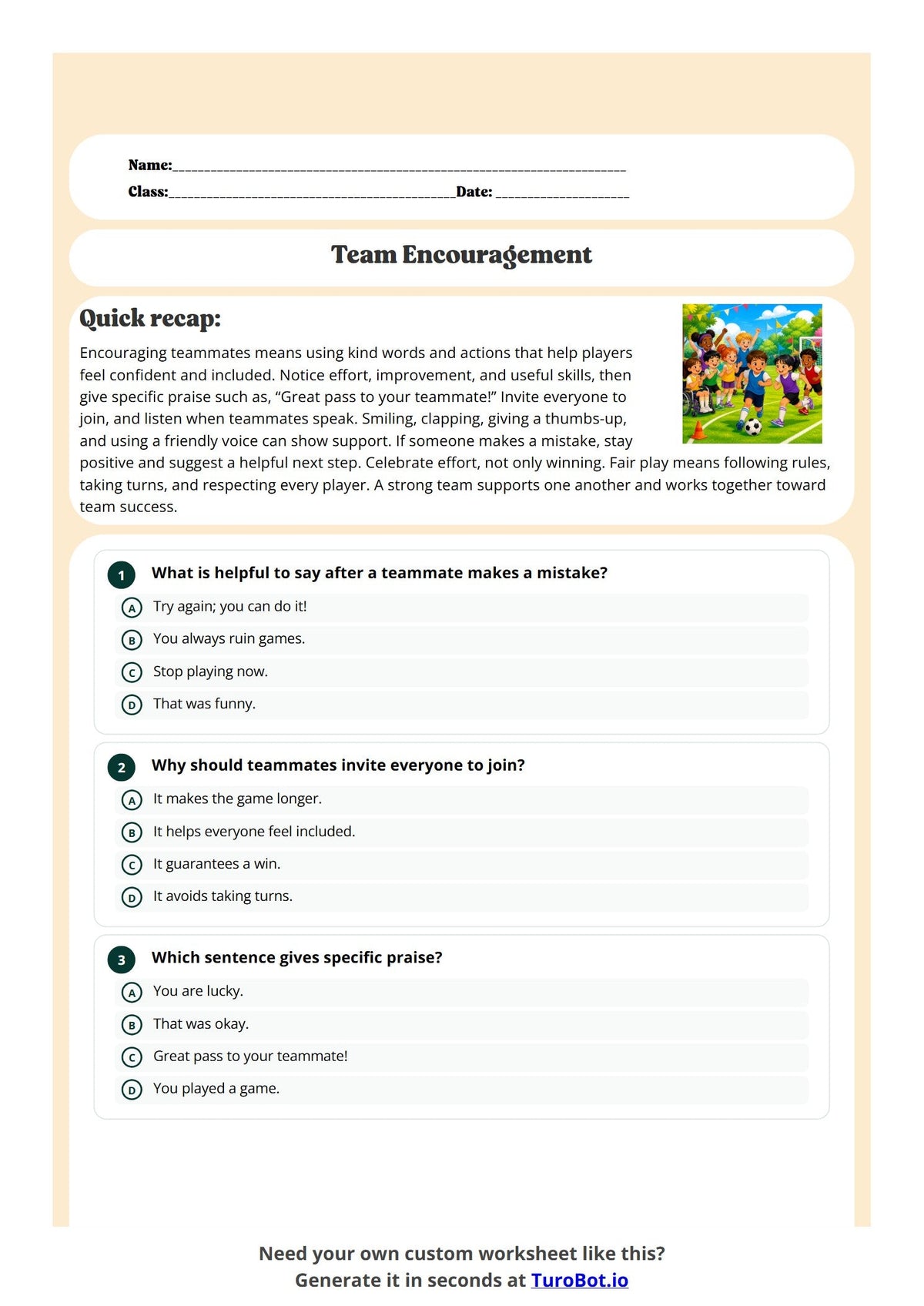 Free Year 4 Worksheet - Team Encouragement preview