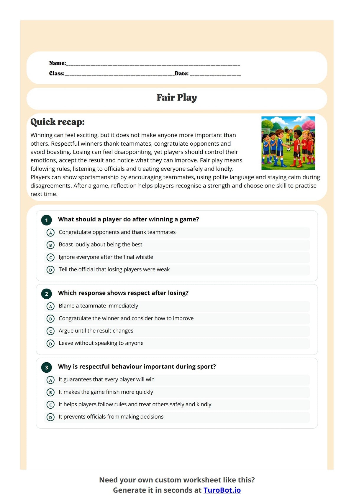 Free Year 5 Worksheet - Handling Winning and Losing Respectfully preview