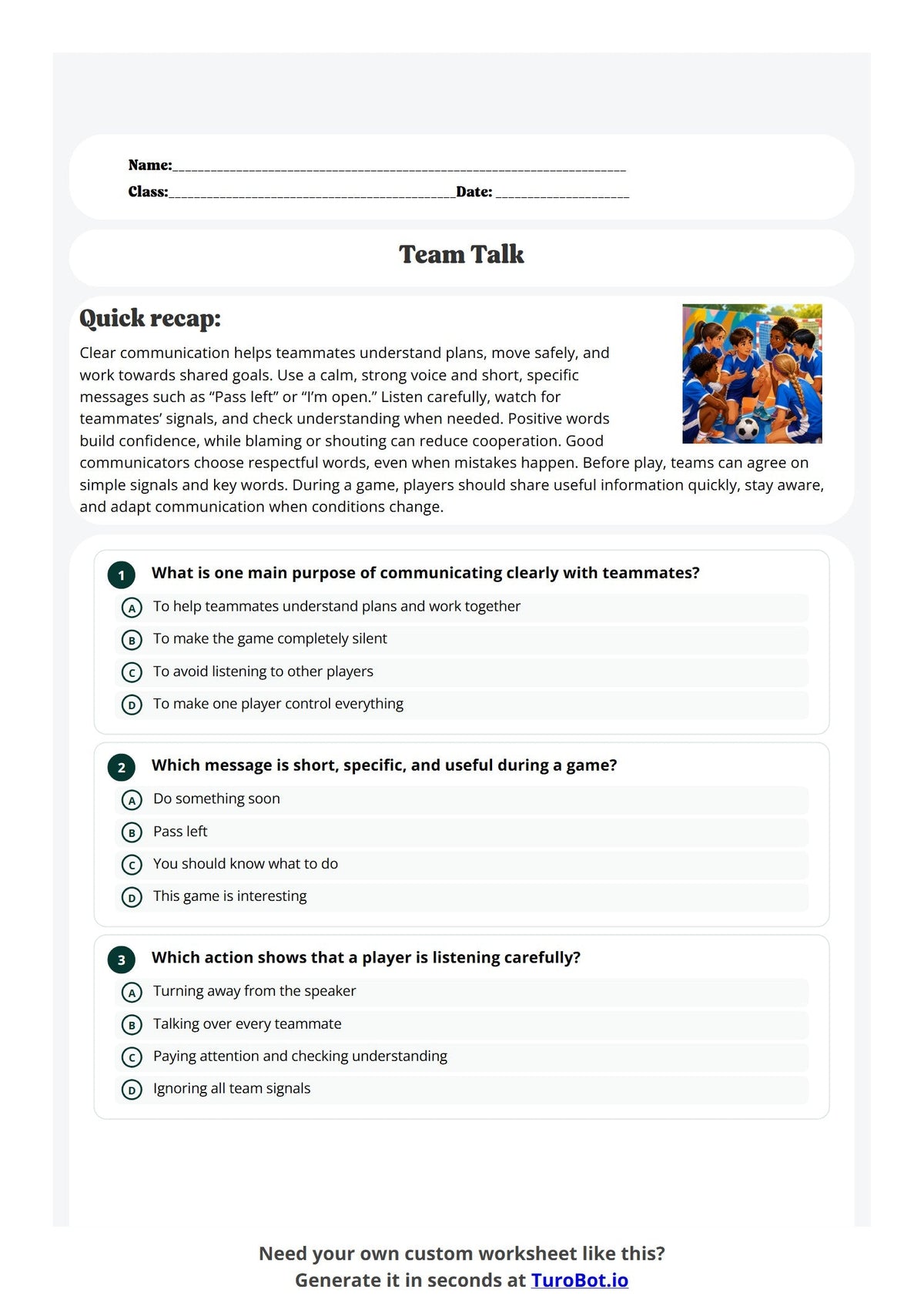 Free Year 6 Worksheet - Team Talk preview