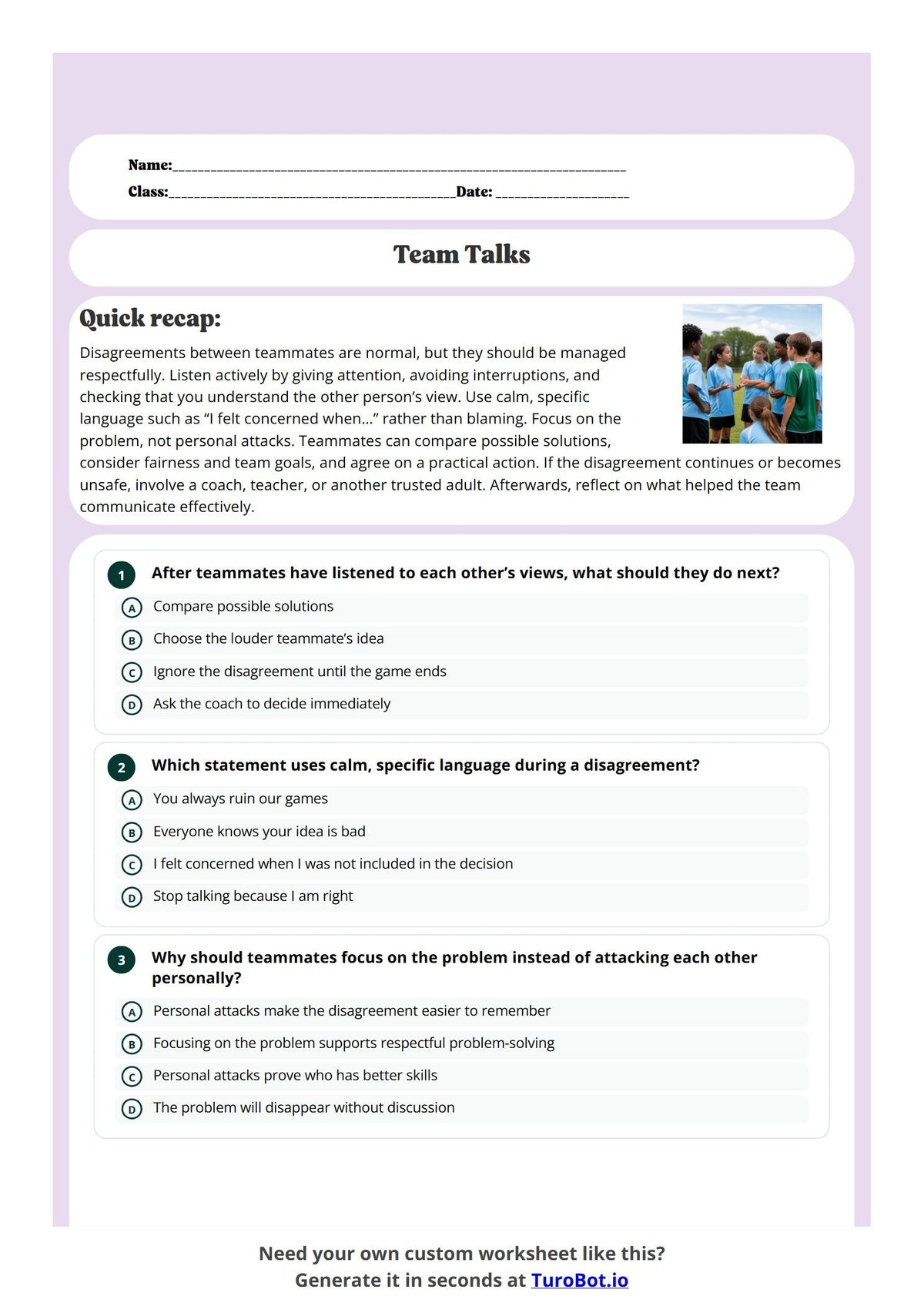 Free Year 8 Worksheet - Resolving Disagreements Between Teammates preview
